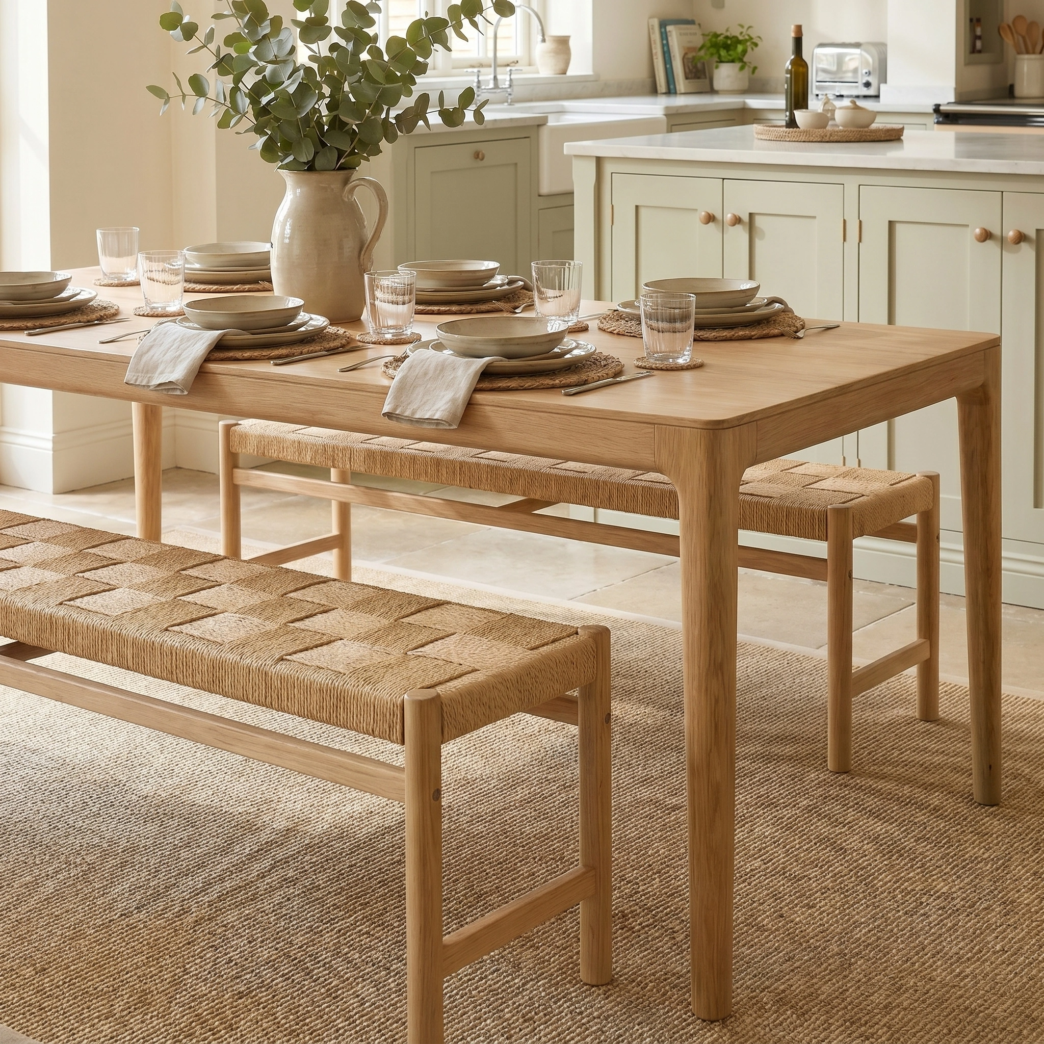 The Marlow 8 Seat Dining Set with Woven Benches in Light Oak includes a solid oak table, plates, glasses, napkins, and a vase of greenery.