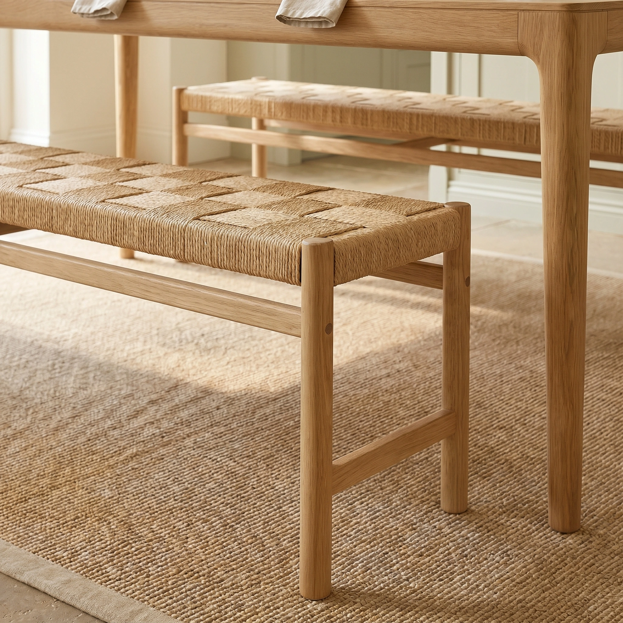 The Marlow 8 Seat Dining Set with Woven Benches in Light Oak features a light wood table and matching woven benches, creating an inviting dining space.