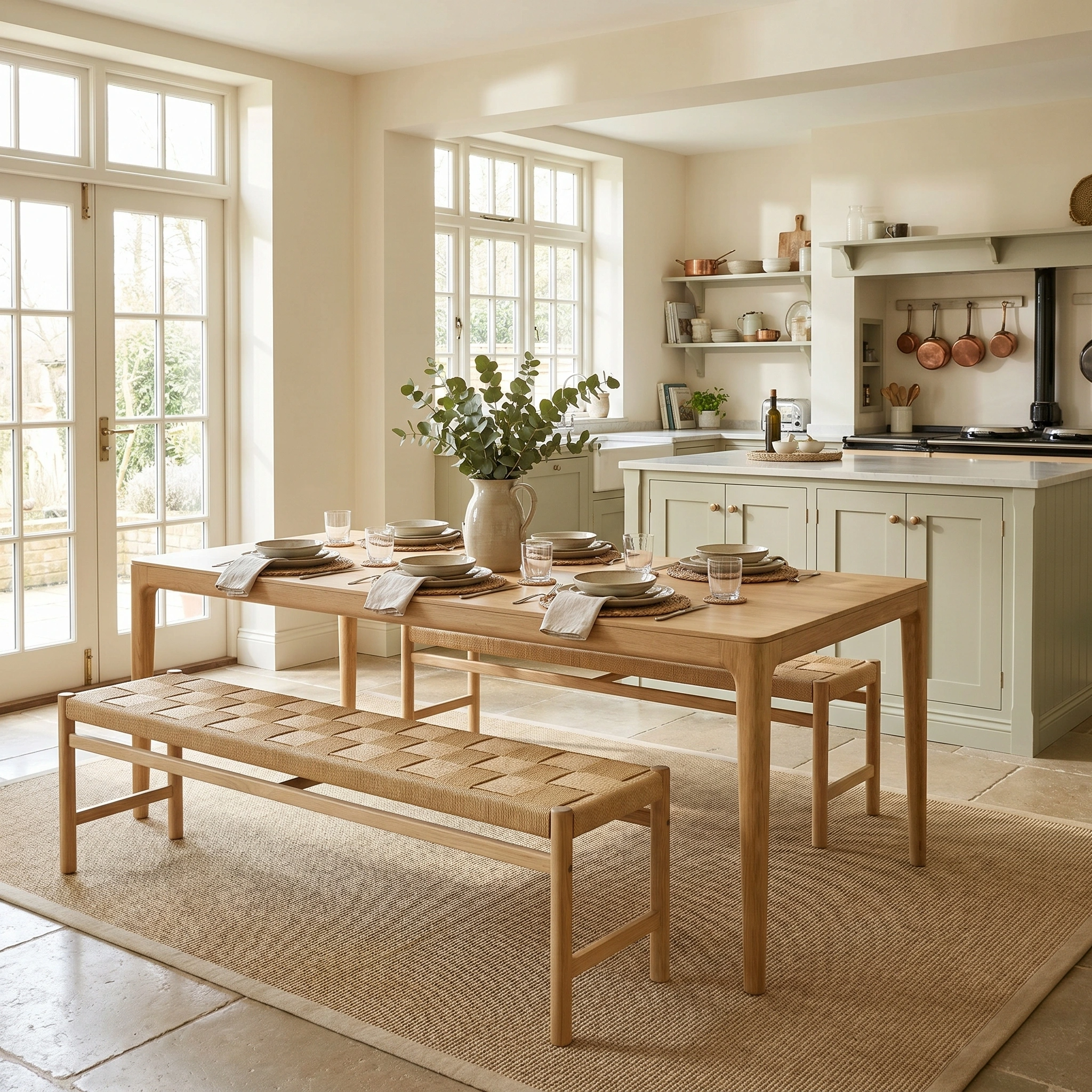 Bright kitchen featuring the Marlow 8 Seat Dining Set with Woven Benches in Light Oak, a solid oak table, woven bench seating, a vase of greenery, and neutral decor.