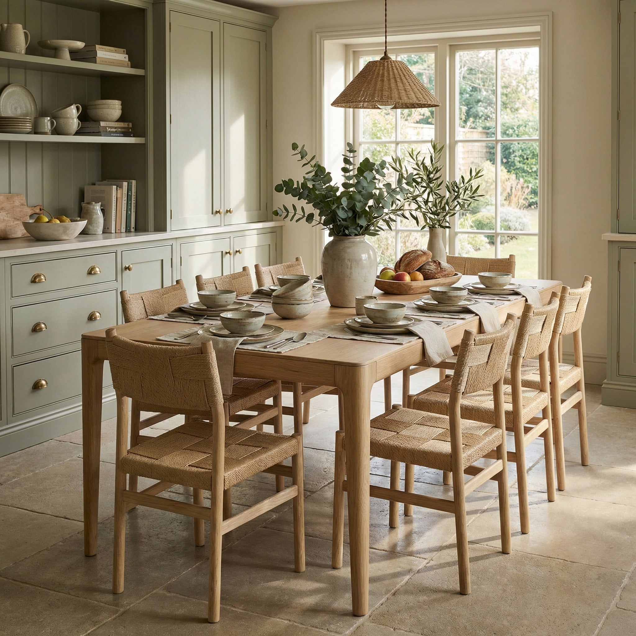 The Marlow 8 Seat Dining Set in Light Oak is arranged for a meal in a bright kitchen with green cabinets, featuring handwoven dining chairs.