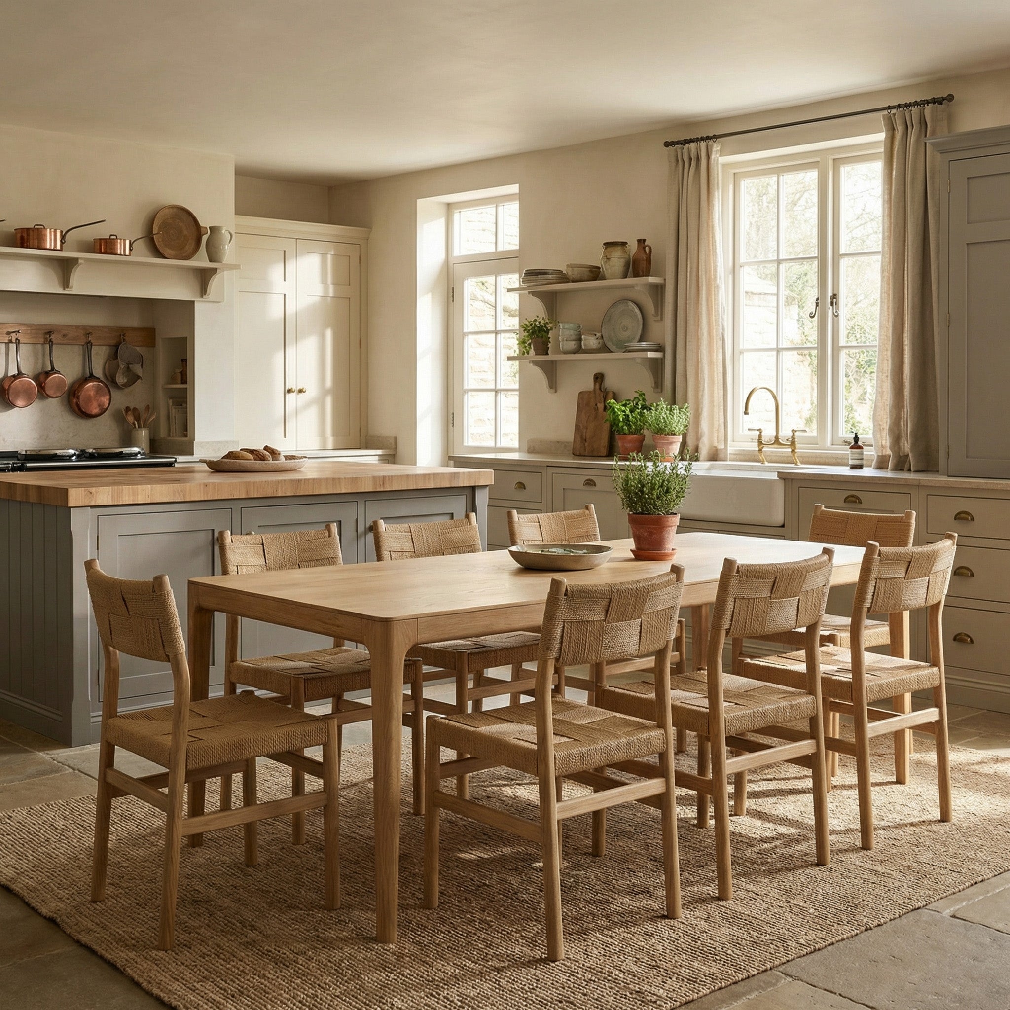 A cozy kitchen with the Marlow 8 Seat Dining Set in Light Oak, handwoven chairs, natural light, and rustic decor.