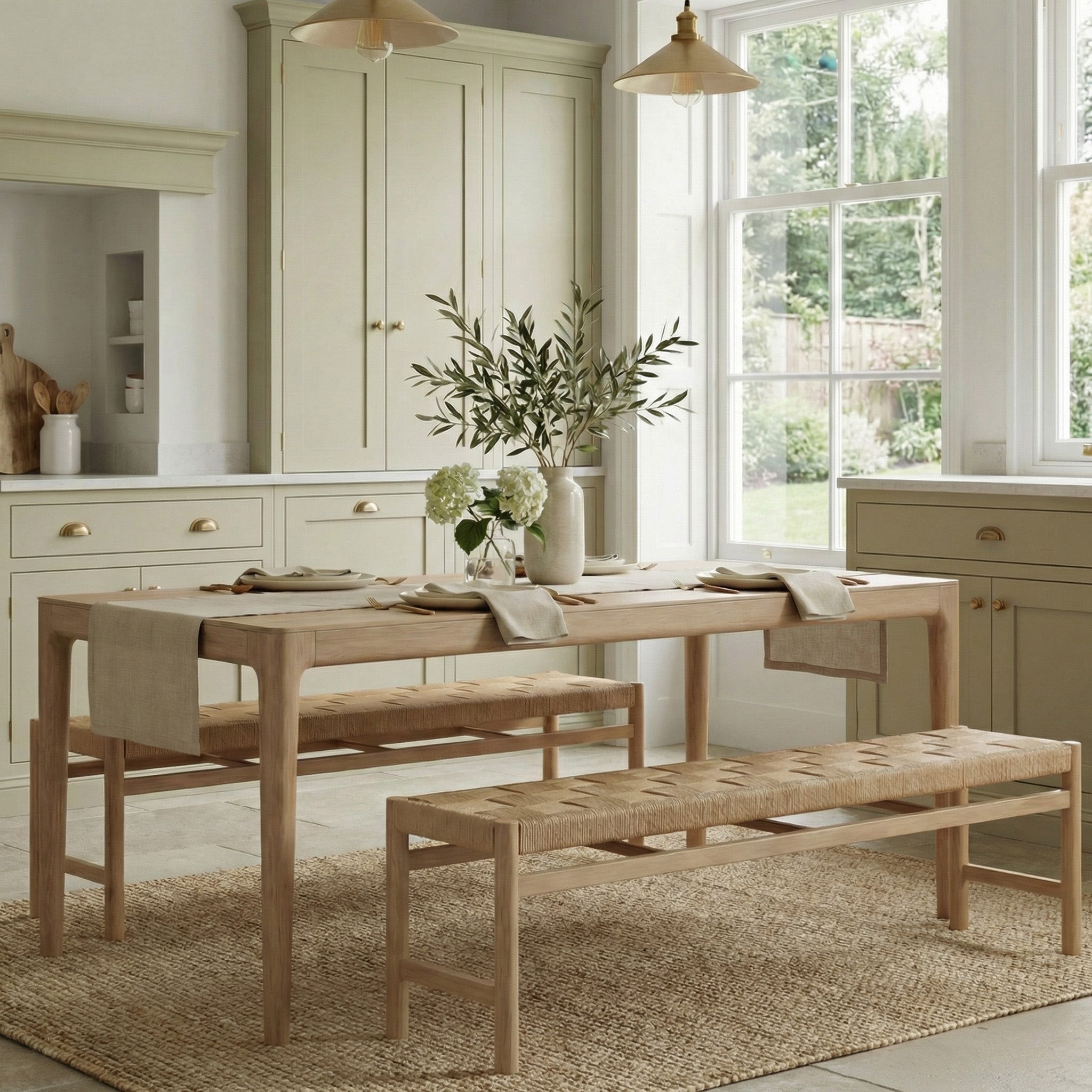 The Marlow 8 Seat Dining Set with Woven Benches in Light Oak creates a stunning centerpiece in this bright, modern kitchen with neutral tones and large windows—perfect for family gatherings.