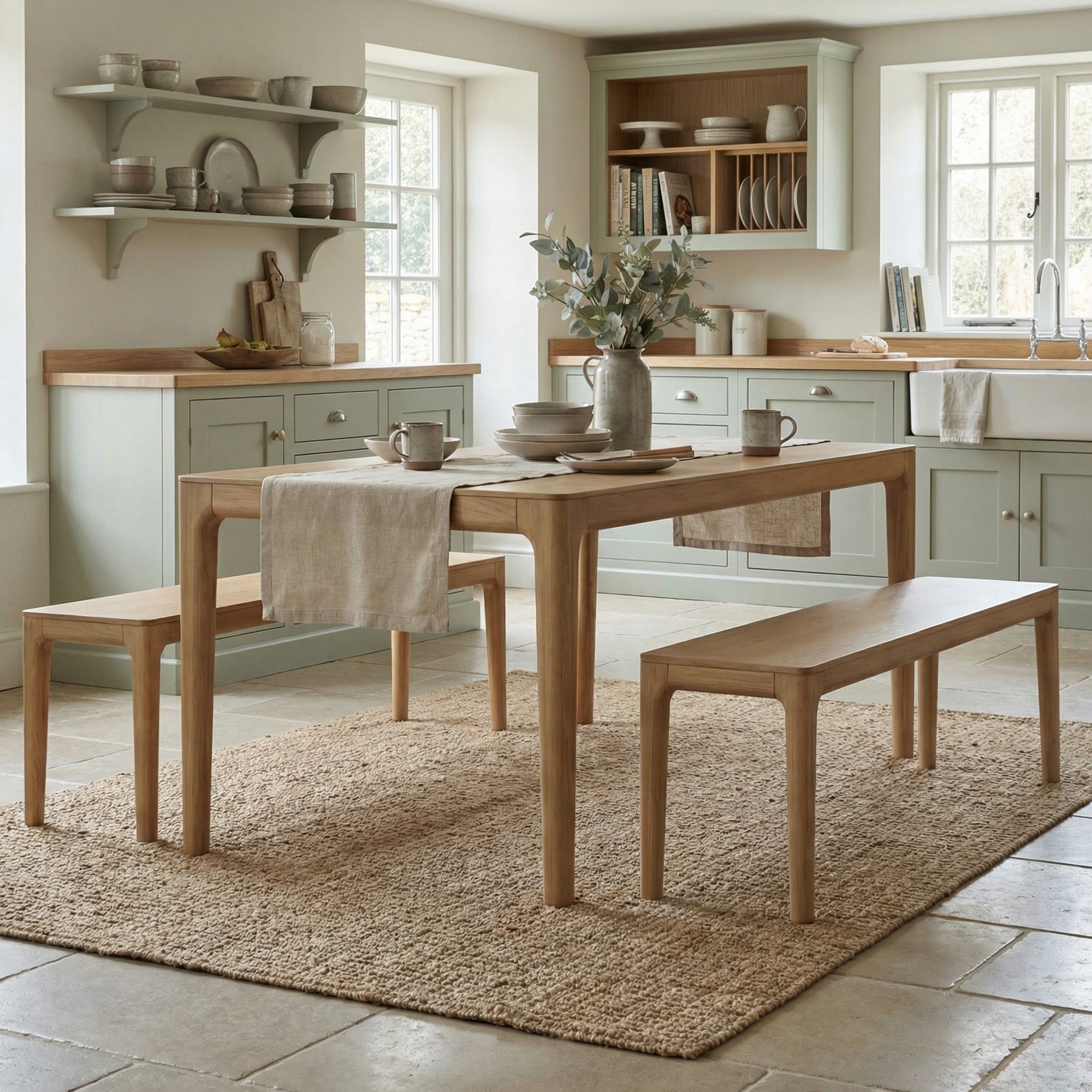 Modern kitchen showcases the Marlow 8 Seat Dining Set with Wooden Benches in Light Oak, paired with neutral decor and flooded with natural light from large windows.