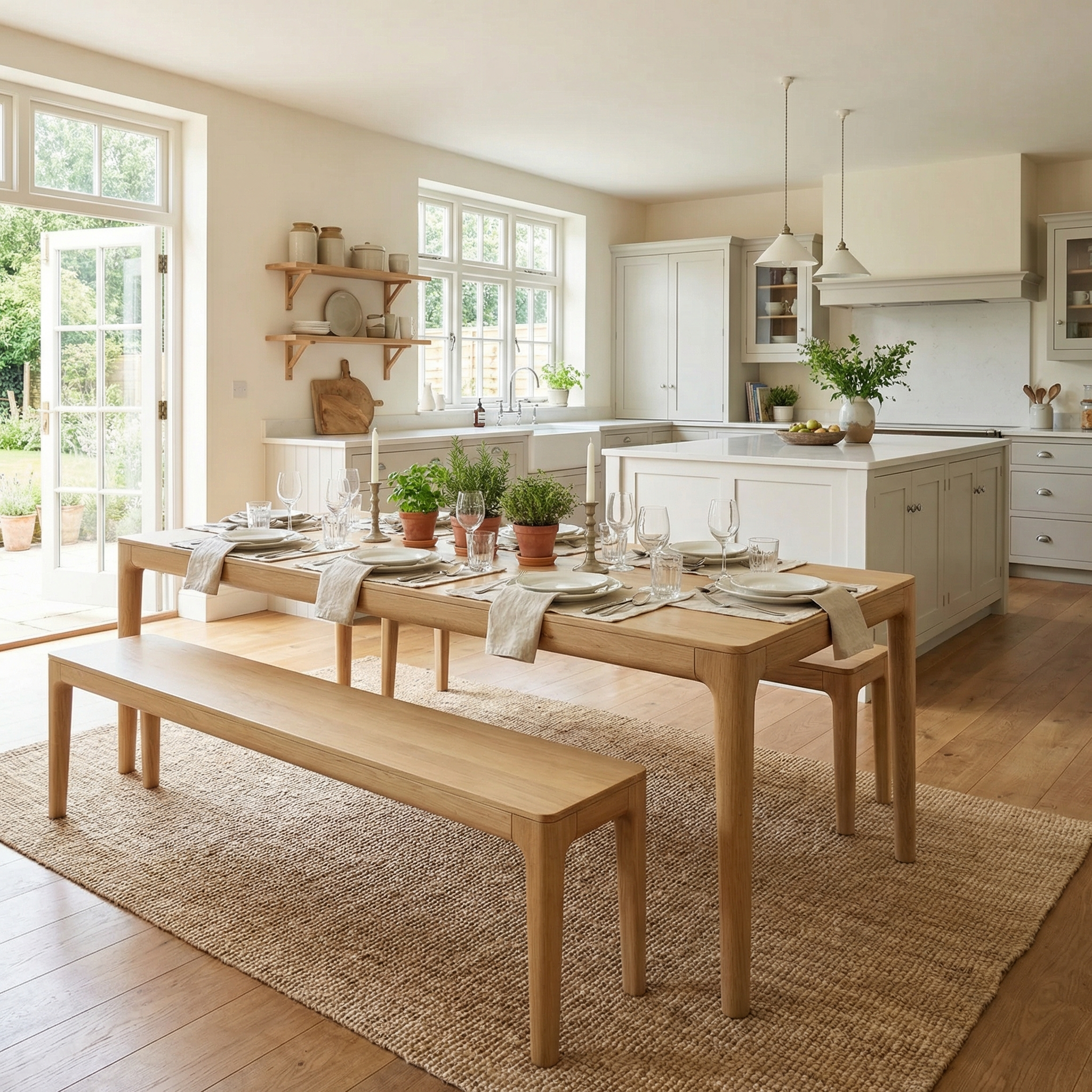 Bright, modern kitchen featuring the Marlow 8 Seat Dining Set with Wooden Benches in Light Oak, accented by potted plants as centerpieces and set for a meal.