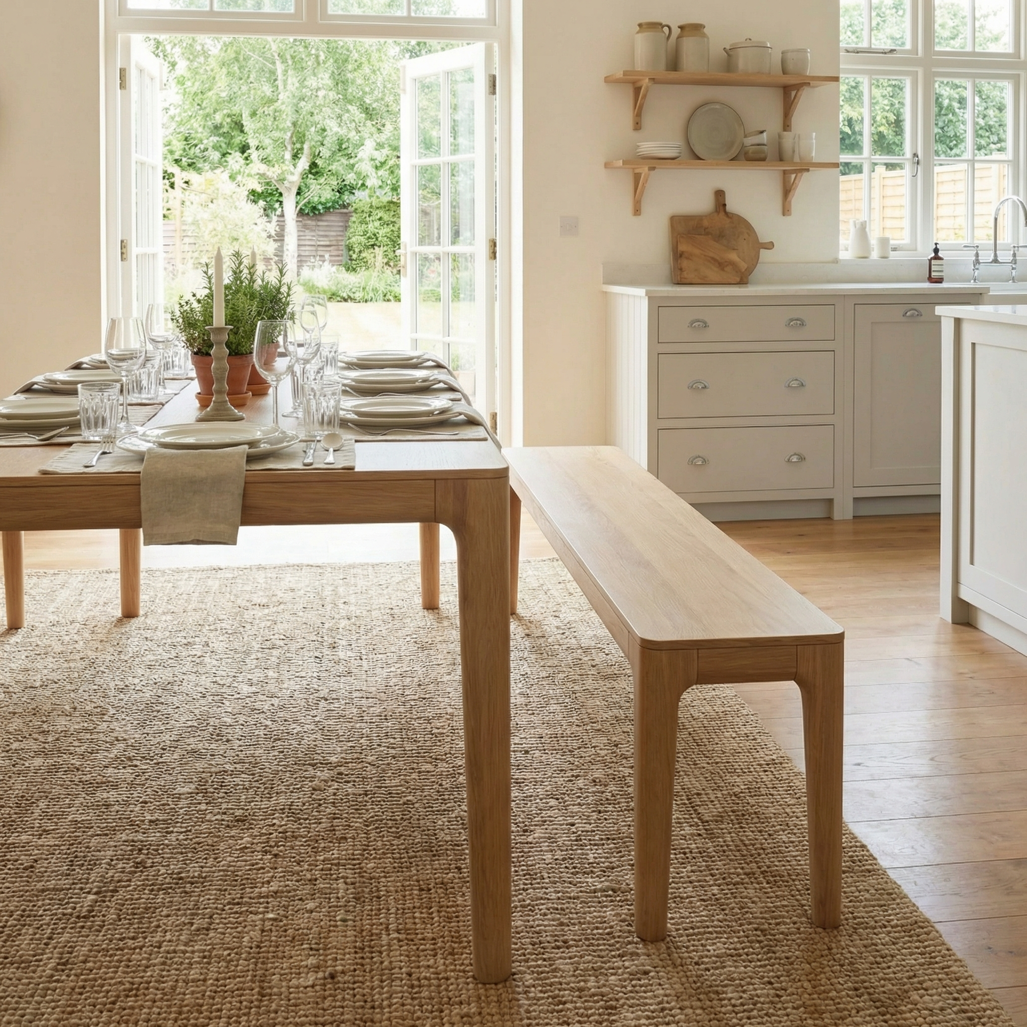 Bright kitchen featuring the Marlow 8 Seat Dining Set with Wooden Benches in Light Oak, set with tableware and open doors leading to a lush green garden.