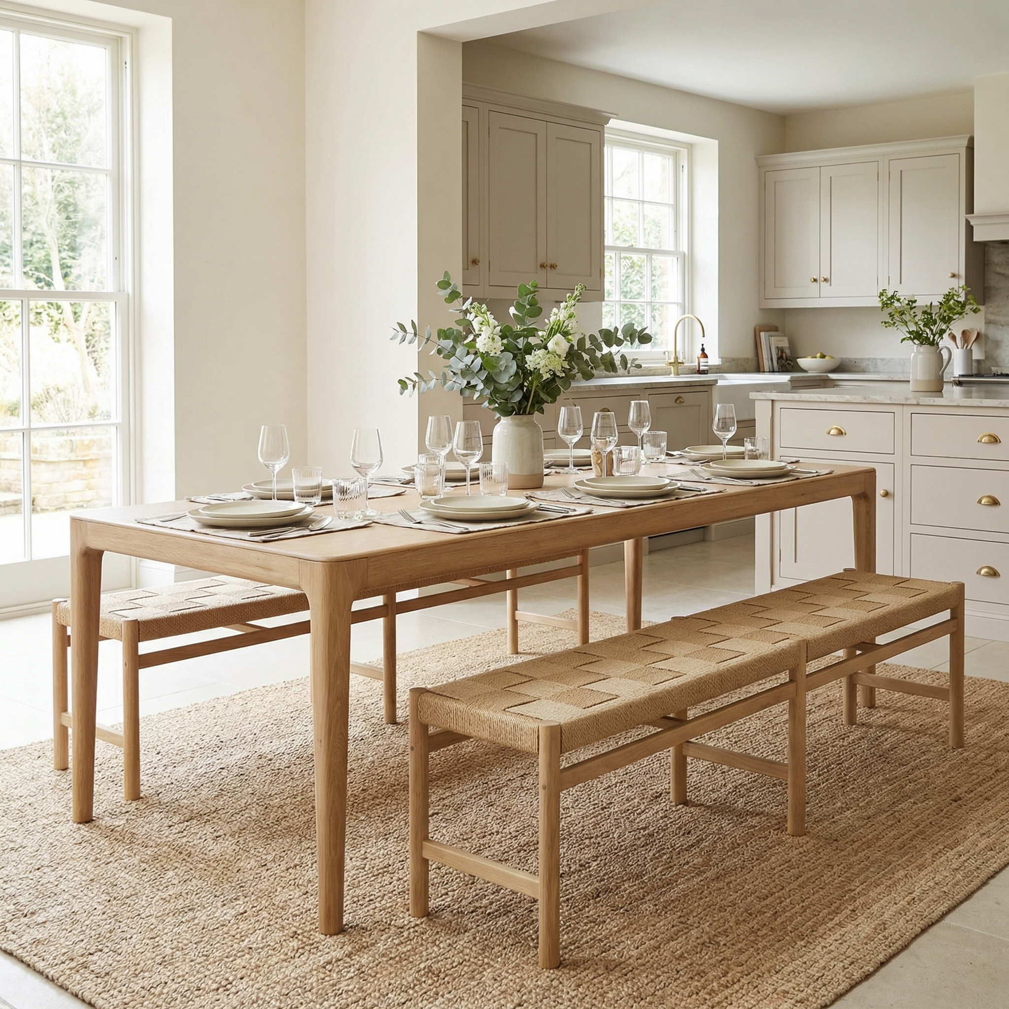 Bright kitchen dining room featuring the Marlow 8 Seat Dining Set in light oak with woven benches and a vase of flowers.
