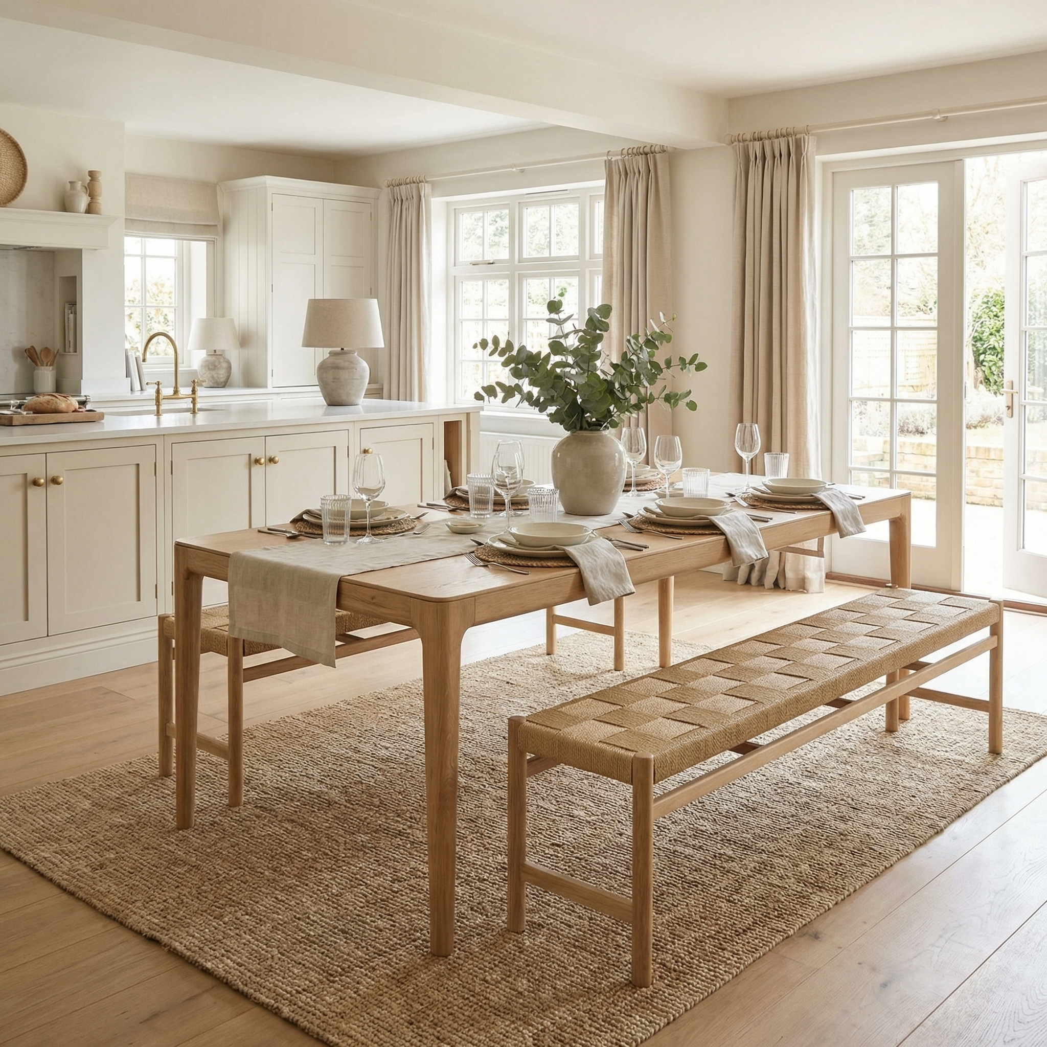 A bright, airy dining room featuring the Marlow 8 Seat Dining Set with Woven Benches in Light Oak, neutral décor, and large windows.