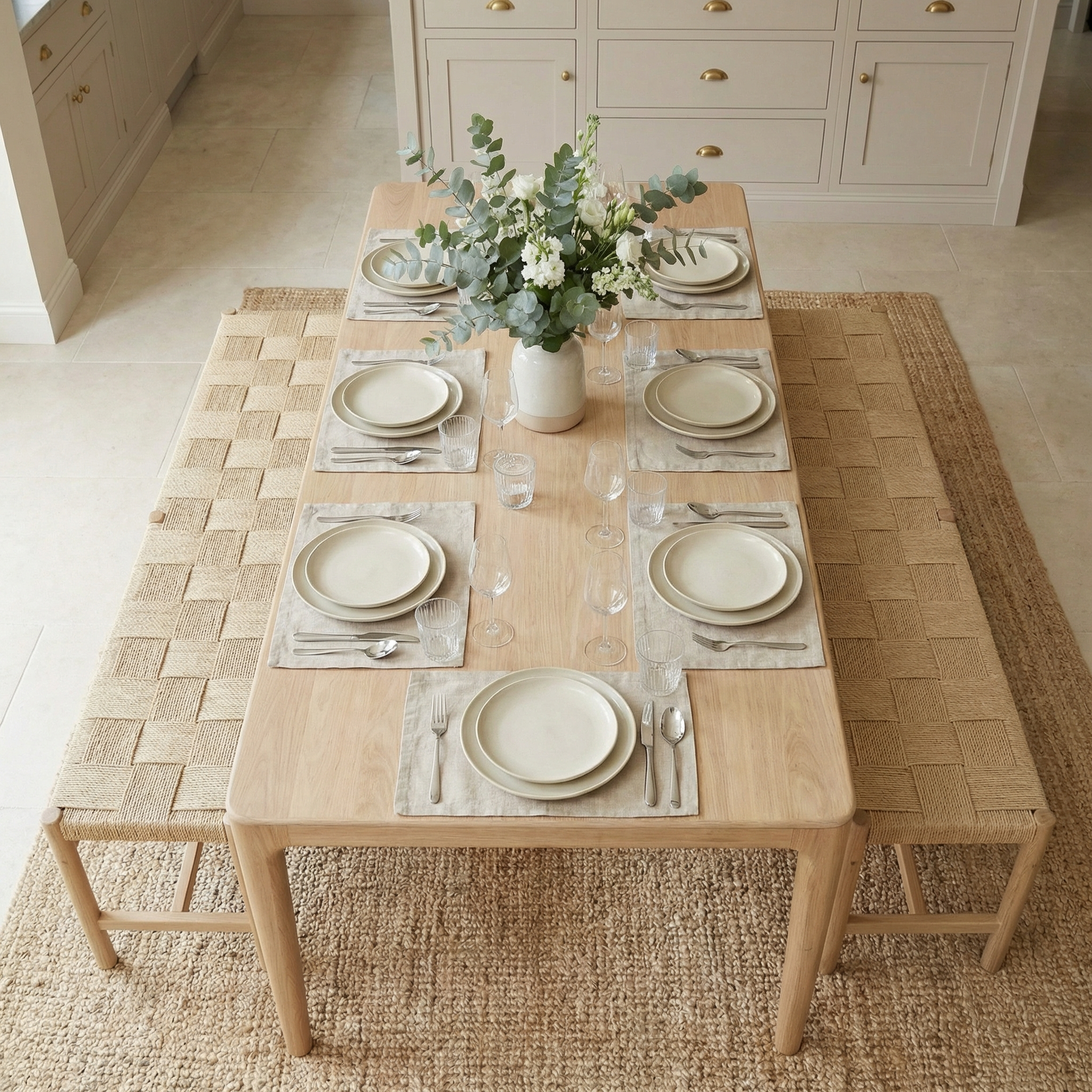 The Marlow 8 Seat Dining Set in Light Oak features woven benches, neutral plates, glasses, and a central vase of flowers.