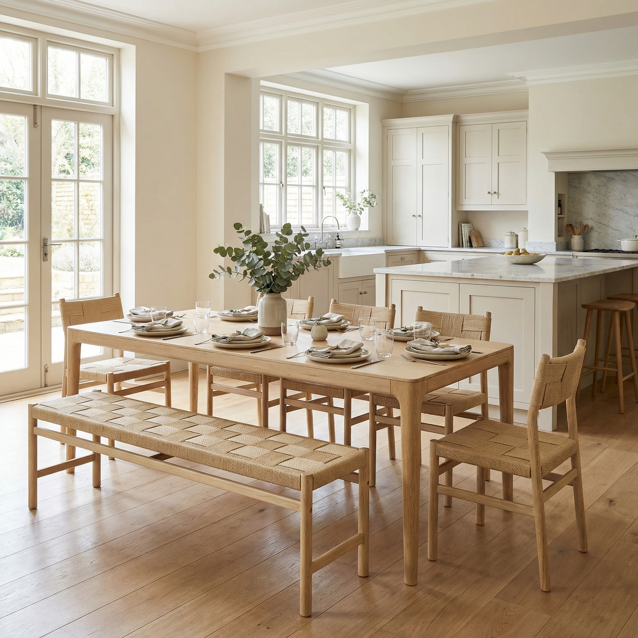 Bright kitchen and dining area featuring the Marlow 8 Seat Dining Set with Woven Bench in Light Oak, complemented by a solid oak table, chairs, neutral decor, and illuminated by large windows.