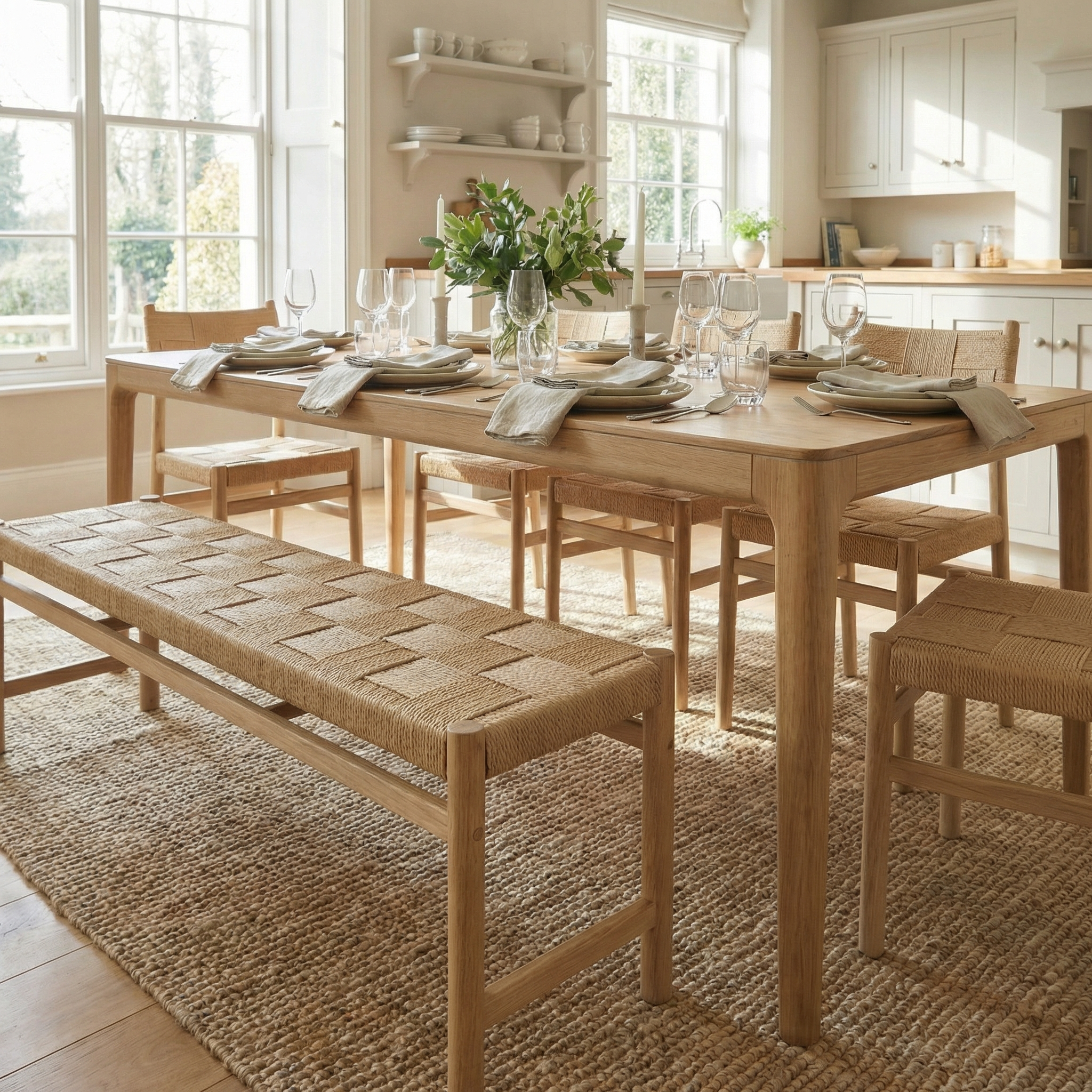 A sunlit dining room features the Marlow 8 Seat Dining Set with Woven Bench in Light Oak, with a solid oak table, bench, and chairs arranged with dishes, glasses, and a vase of flowers.