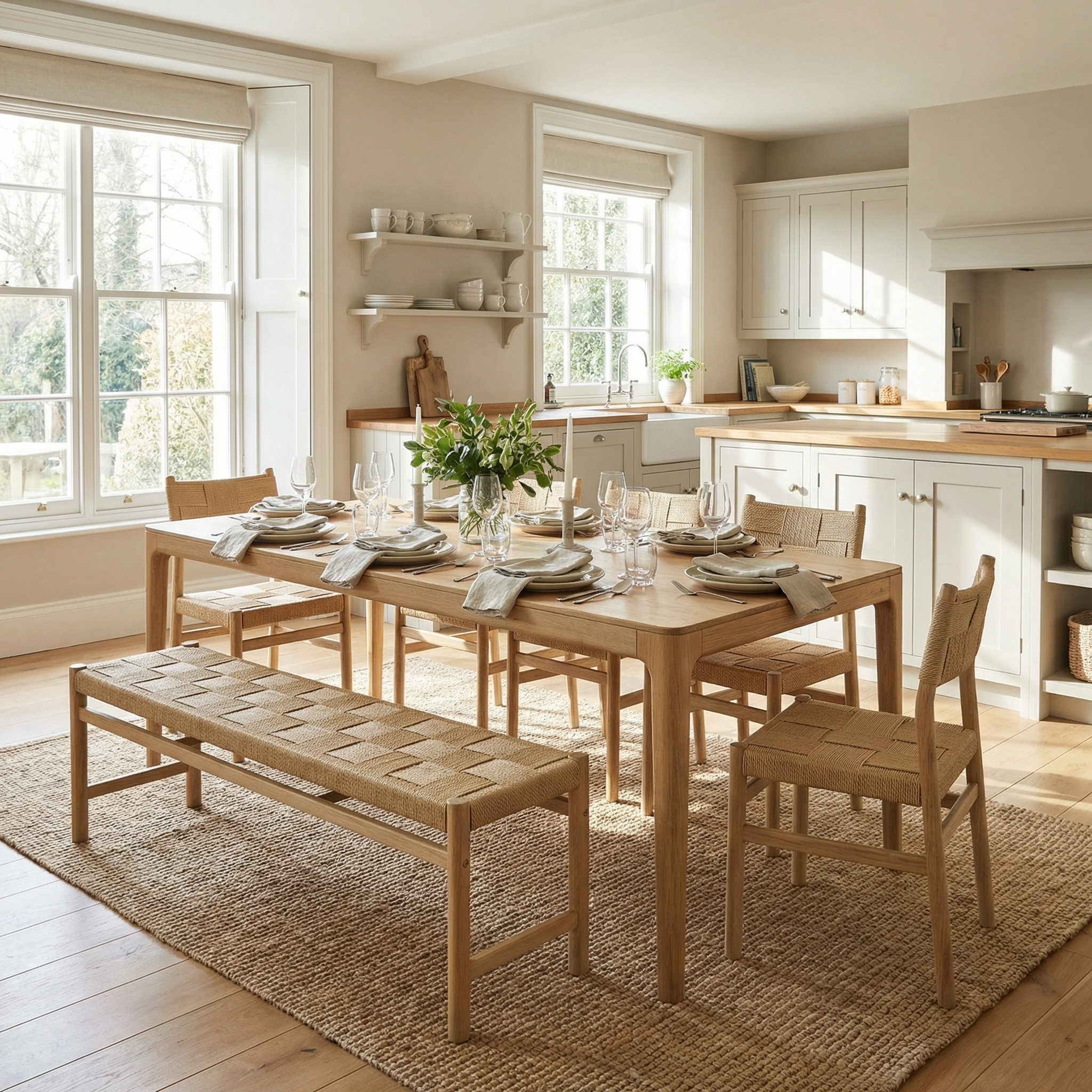 Bright, airy kitchen with a Marlow 8 Seat Dining Set with Woven Bench in Light Oak, featuring a solid oak table, woven seating, and stylish tableware atop a jute rug.