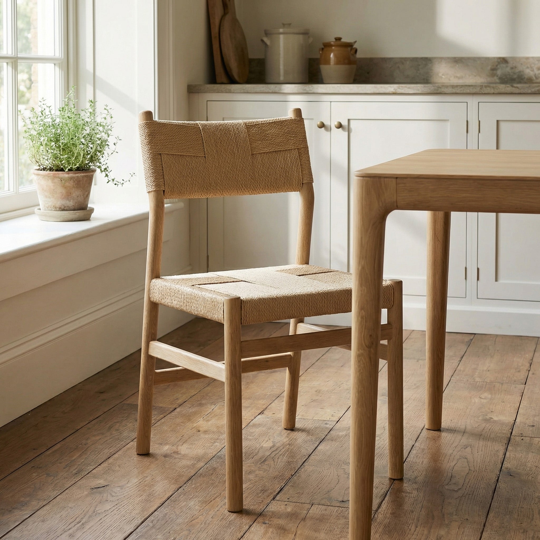 The Marlow Set of 2 Woven Dining Chairs in Light Oak sits beside a dining table in a bright, minimalist kitchen filled with sunlight.