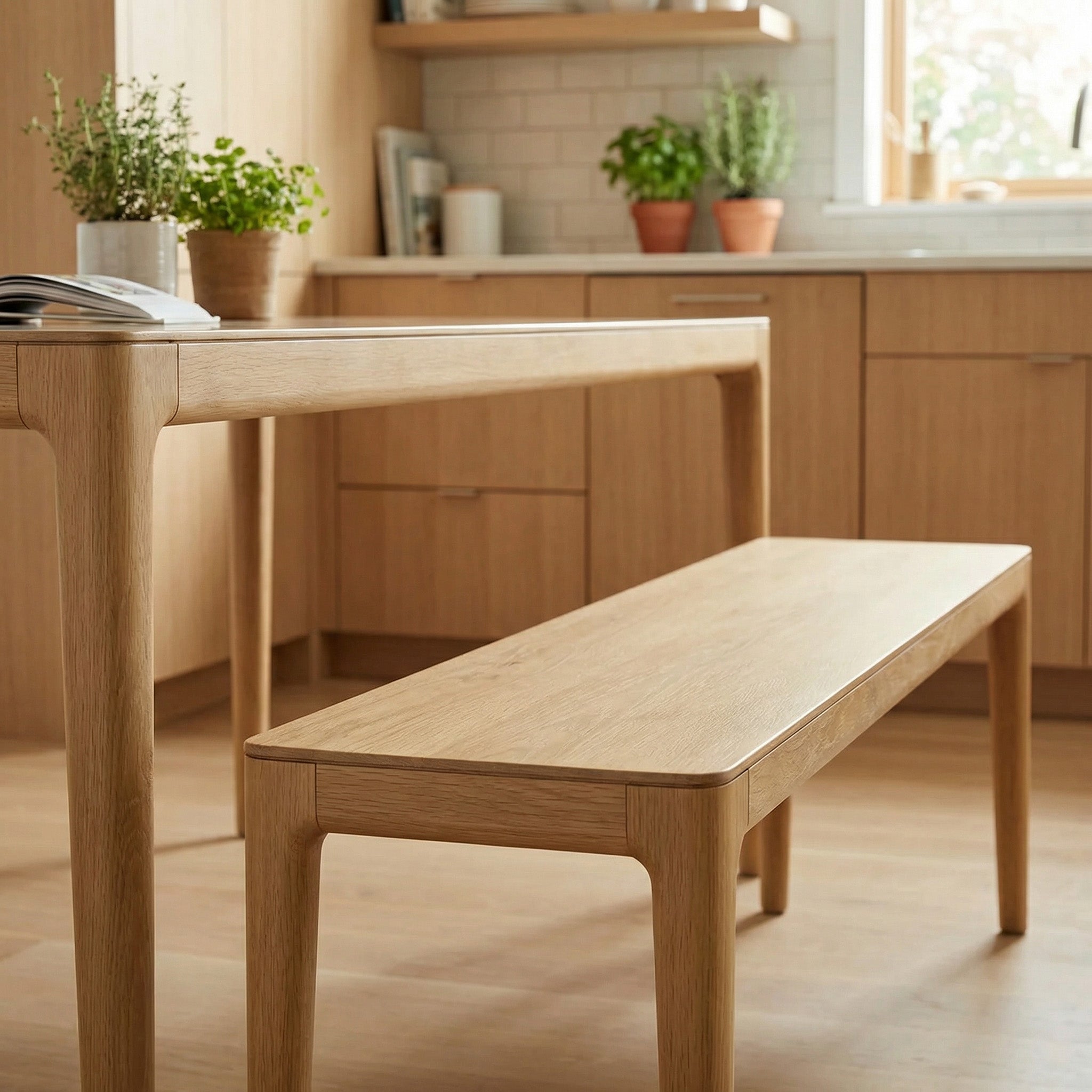 Minimalist kitchen with a Marlow Dining Wooden Bench in Light Oak, a matching table, and potted plants by a window that lets in natural light.