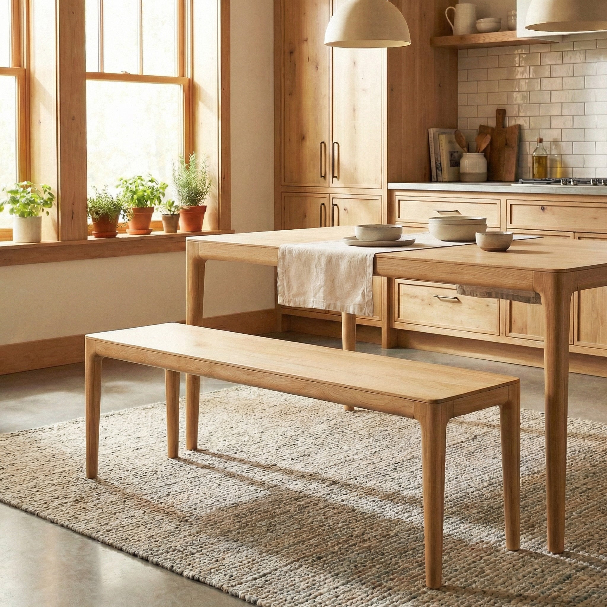 Sunlit kitchen featuring a Marlow Dining Wooden Bench in Light Oak at the table, matching cabinets, potted plants on the windowsill, and hanging lights.