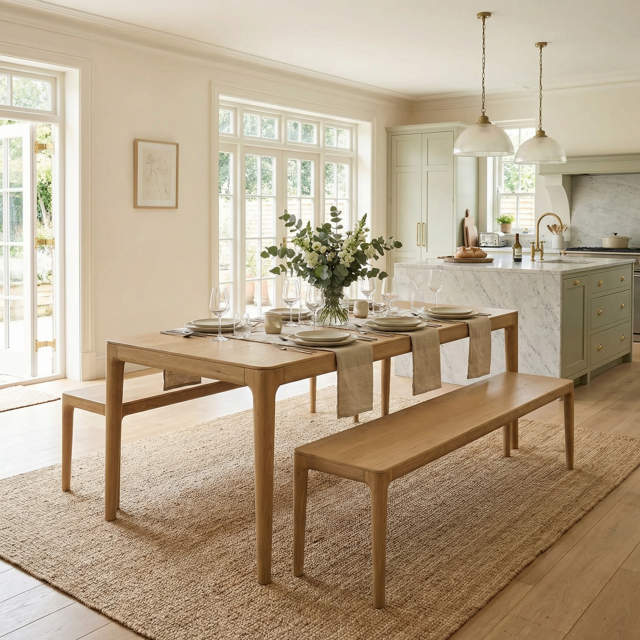 Bright dining room with a wooden table, Marlow Dining Wooden Bench in Light Oak, tableware, and a vase of greenery on a woven rug.