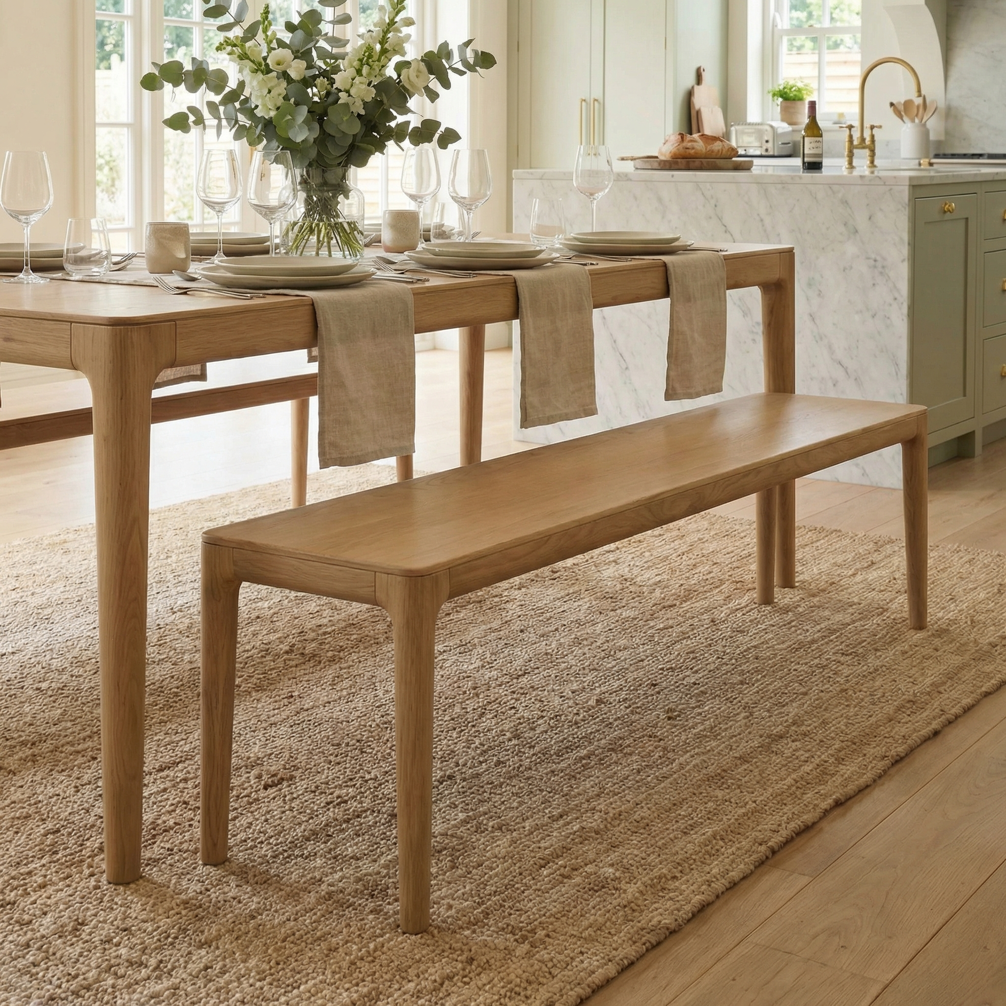 A wooden dining table with a Marlow Dining Wooden Bench in Light Oak, set for a meal, rests on a woven rug in a bright modern kitchen.