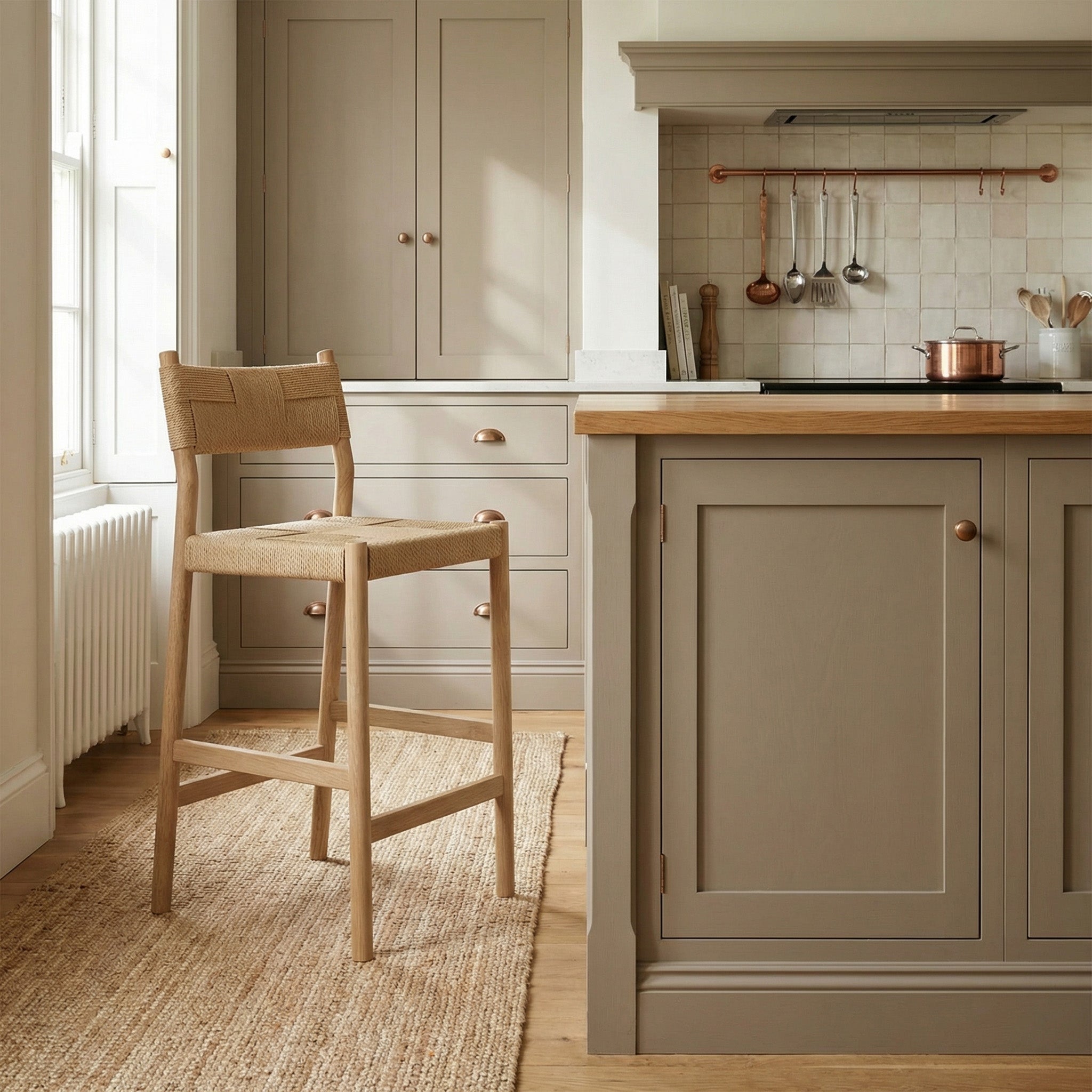 Beige kitchen with light oak shaker cabinets, a Marlow Woven Bar Stool in Light Oak featuring a Danish cord seat, copper accents, and natural light from a window.