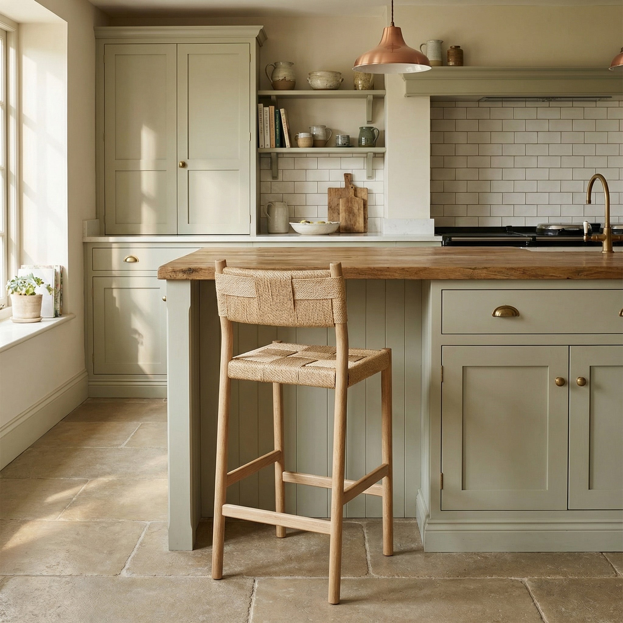 Light, airy kitchen with sage green cabinets, copper pendant lights over a wood counter, and a Marlow Woven Bar Stool in Light Oak featuring a Danish cord seat.