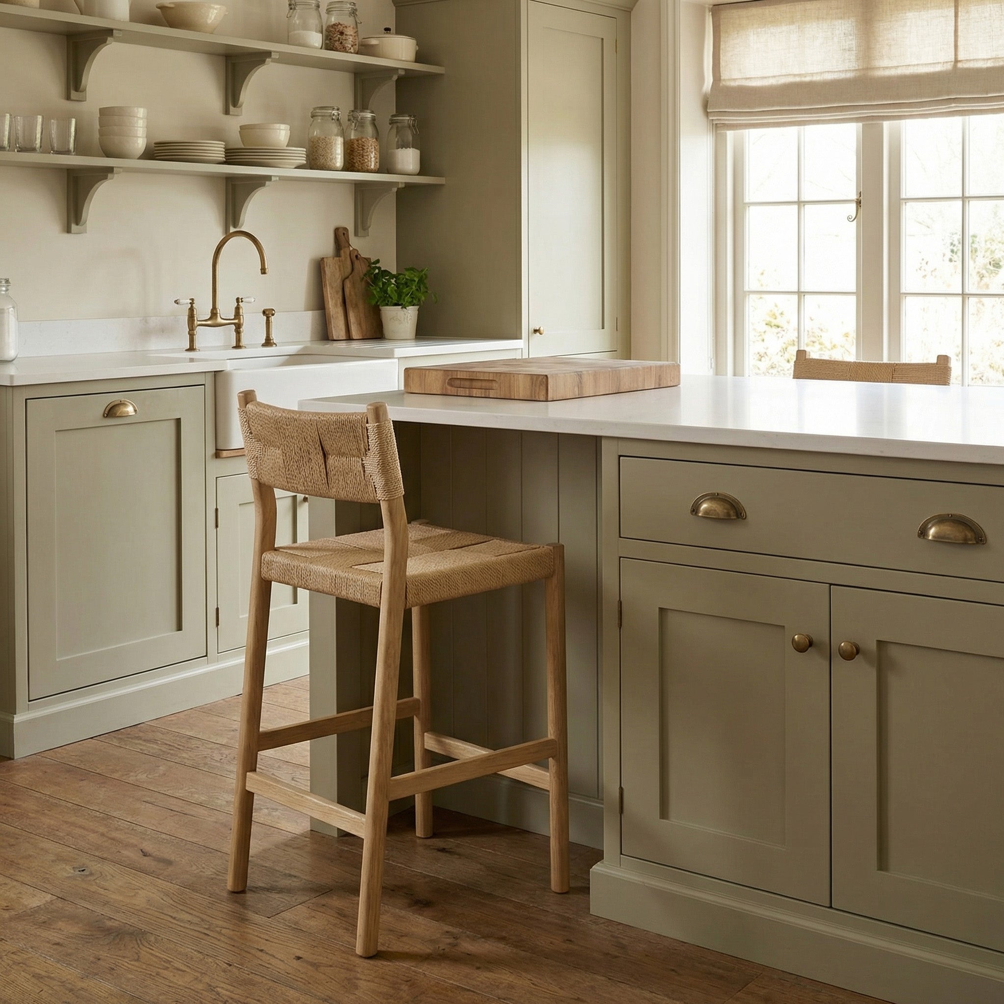 A cozy kitchen with sage green cabinets and open shelves, bathed in sunlight, showcases the Marlow Woven Bar Stool in Light Oak for effortless style and comfort.