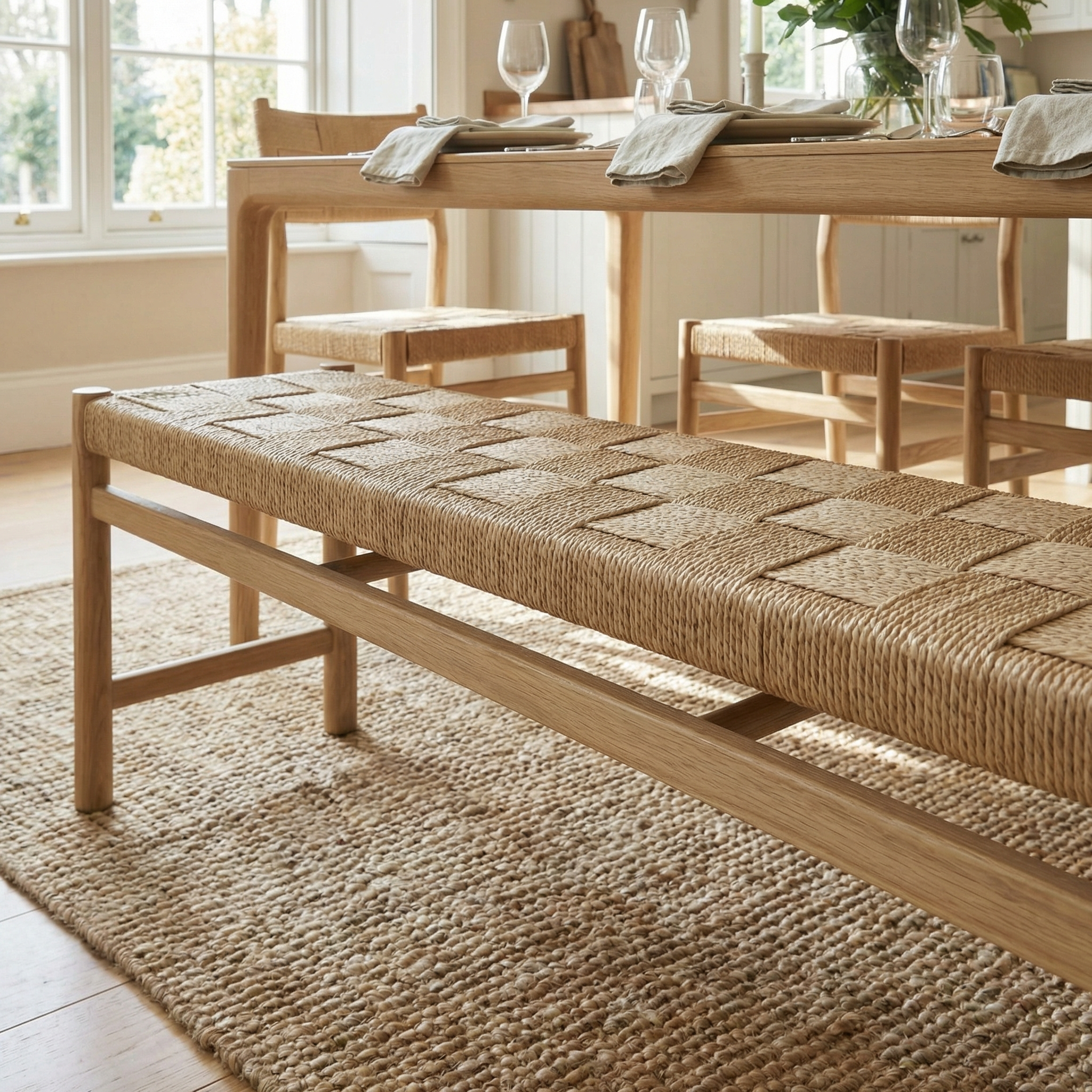 The Marlow Woven Dining Bench in Light Oak is paired with chairs around a wooden dining table set with plates and glasses in a sunlit room.