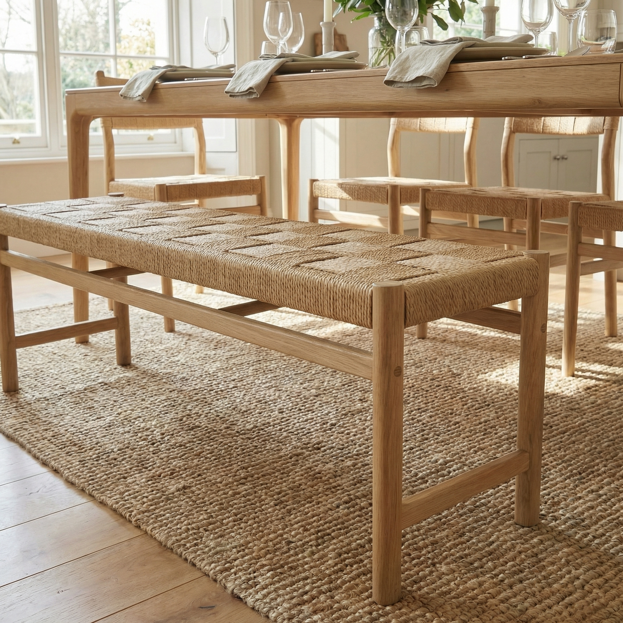 The Marlow Woven Dining Bench in Light Oak pairs beautifully with a wooden table on a textured rug, filling the sunlit room with warmth and inviting charm.