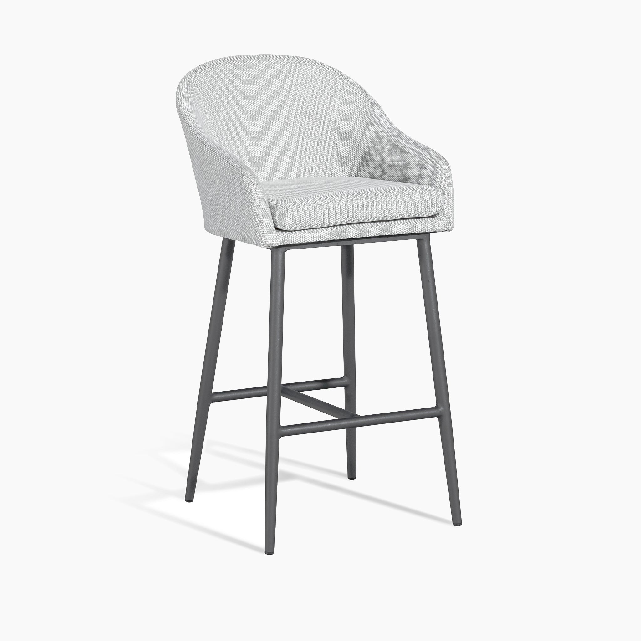 The Luna Outdoor Fabric Bar Stool in Oyster Grey (Ex Display) features a modern curved backrest, metal legs, and weather-resistant cushions for lasting comfort, shown against a white background.