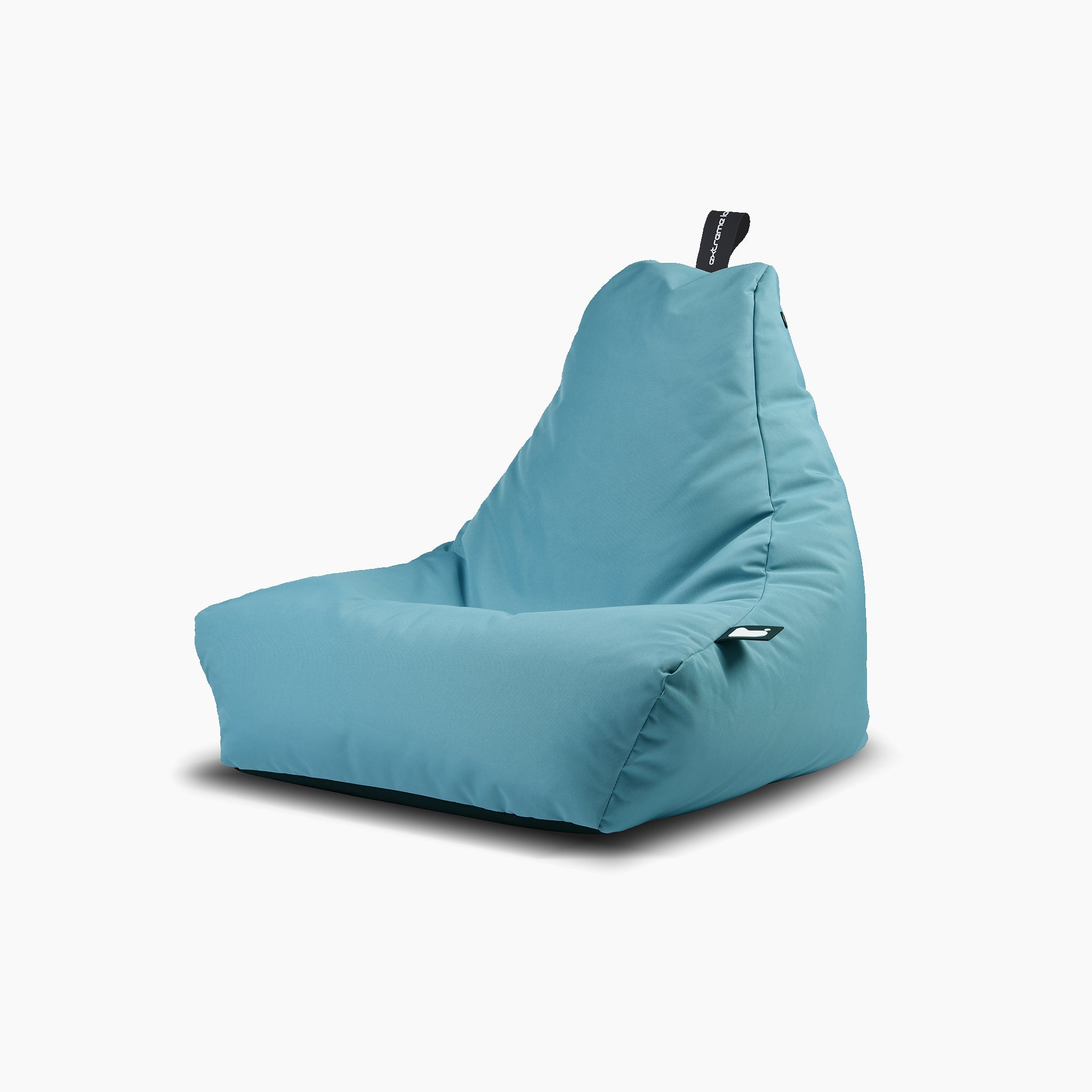 The Outdoor Mini B-Bag in Sea Blue features a light blue bean bag chair with a slightly elevated backrest, crafted from fade-resistant, waterproof fabric, set against a white background.