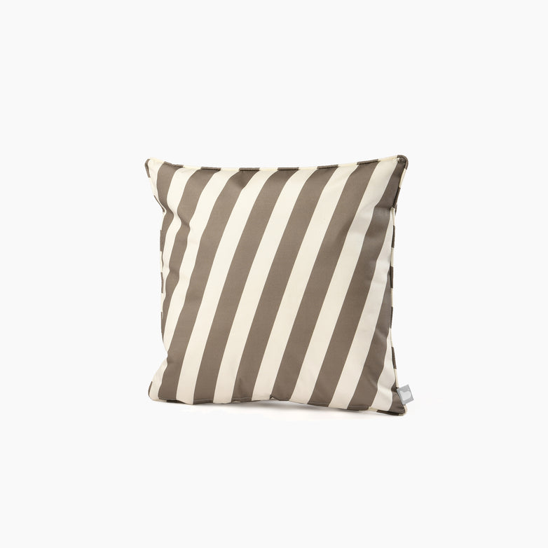 Outdoor Oblique Stripe B-Cushion in Silver Grey, featuring a square shape with brown and white diagonal stripes on a white background, crafted from splash-proof fabric.
