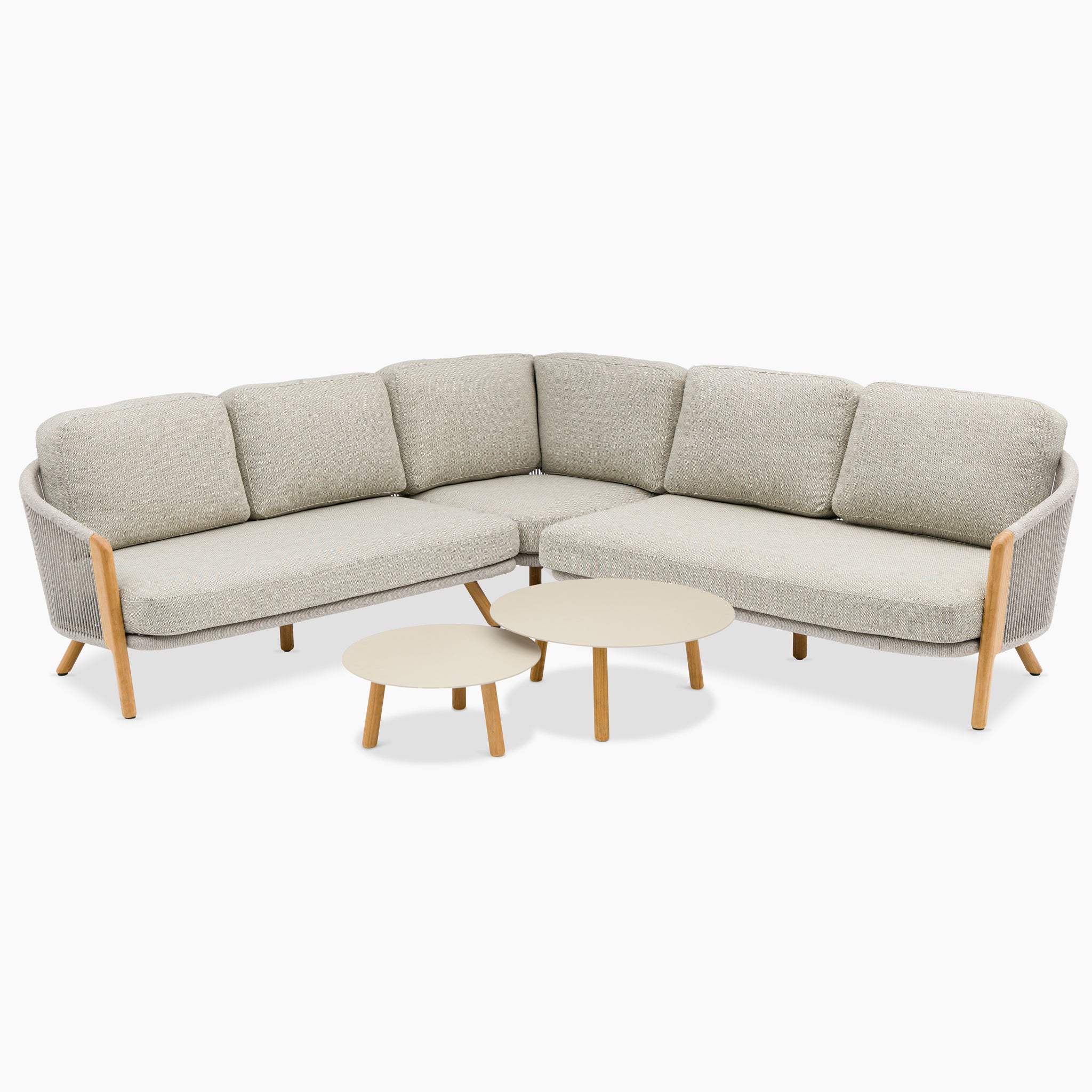 Merano Corner Group Set with Coffee Table in Latte, featuring an elegant olefin rope weave for added texture, includes an L-shaped beige sofa with wooden legs and two round, nested coffee tables.