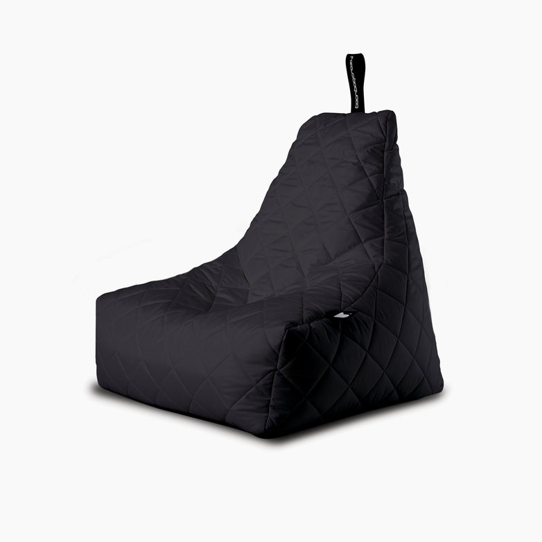 The Outdoor Quilted Mighty B-Bag in Black features a high backrest and a loop handle on top, crafted from breathable polyester for luxurious comfort, set against a plain white background.