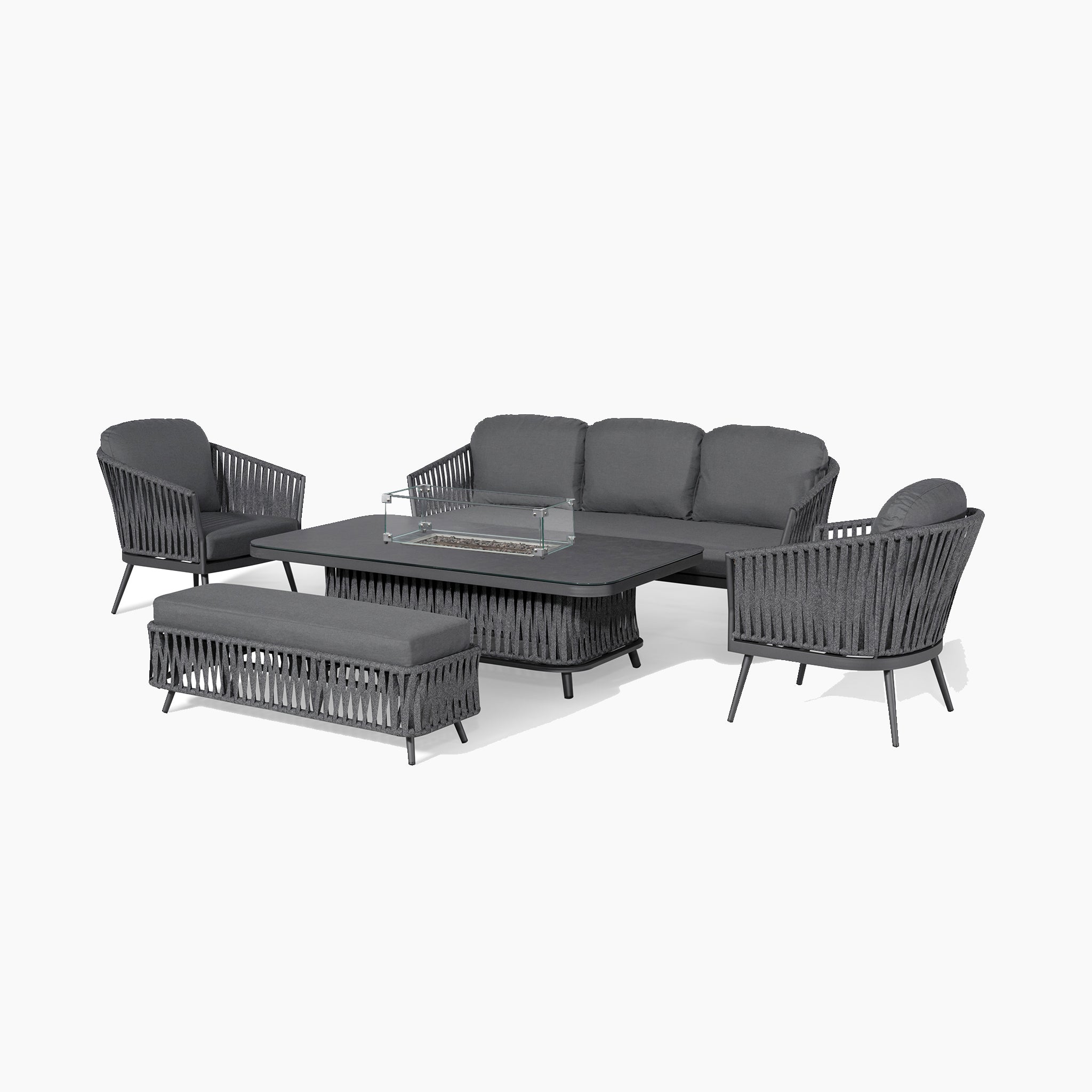 Monterrey 3 Seat Rope Sofa Set with Rising Firepit Table in Grey
