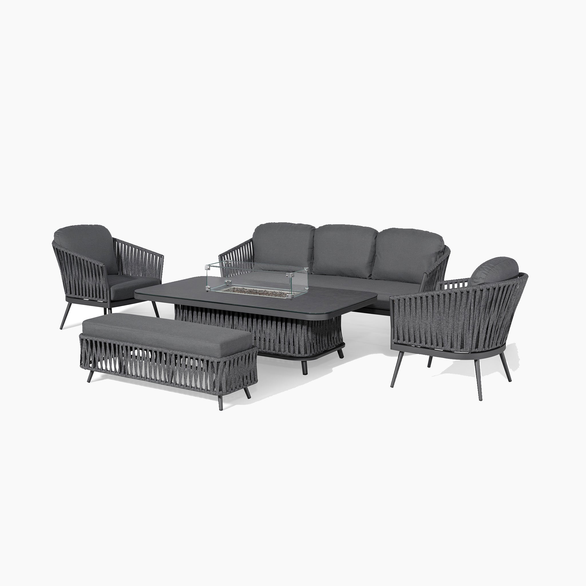 Introducing the Monterrey 3 Seat Rope Sofa Set with Rising Firepit Table in Grey: gray cushions adorn a 3 Seat Sofa Set, two chairs, a bench, and a rectangular table. For added comfort and ambiance, this set comes with a built-in firepit.
