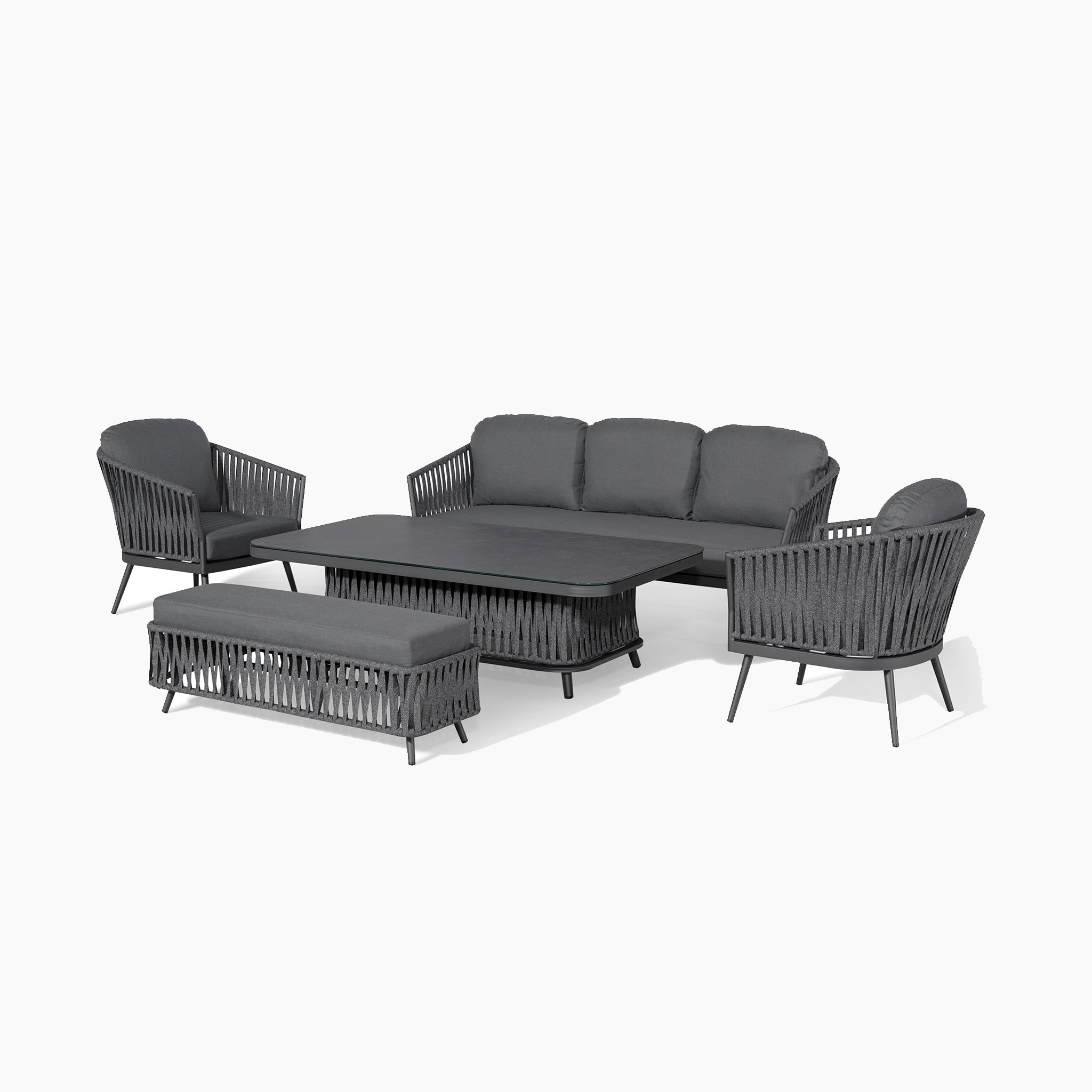 The Monterrey 3 Seat Rope Sofa Set with Rising Table in Grey showcases a sofa, two chairs, a bench, and a coffee table. Each piece is intricately designed with hydrophobic thin rope weave and reflex foam fillings for added comfort and durability.