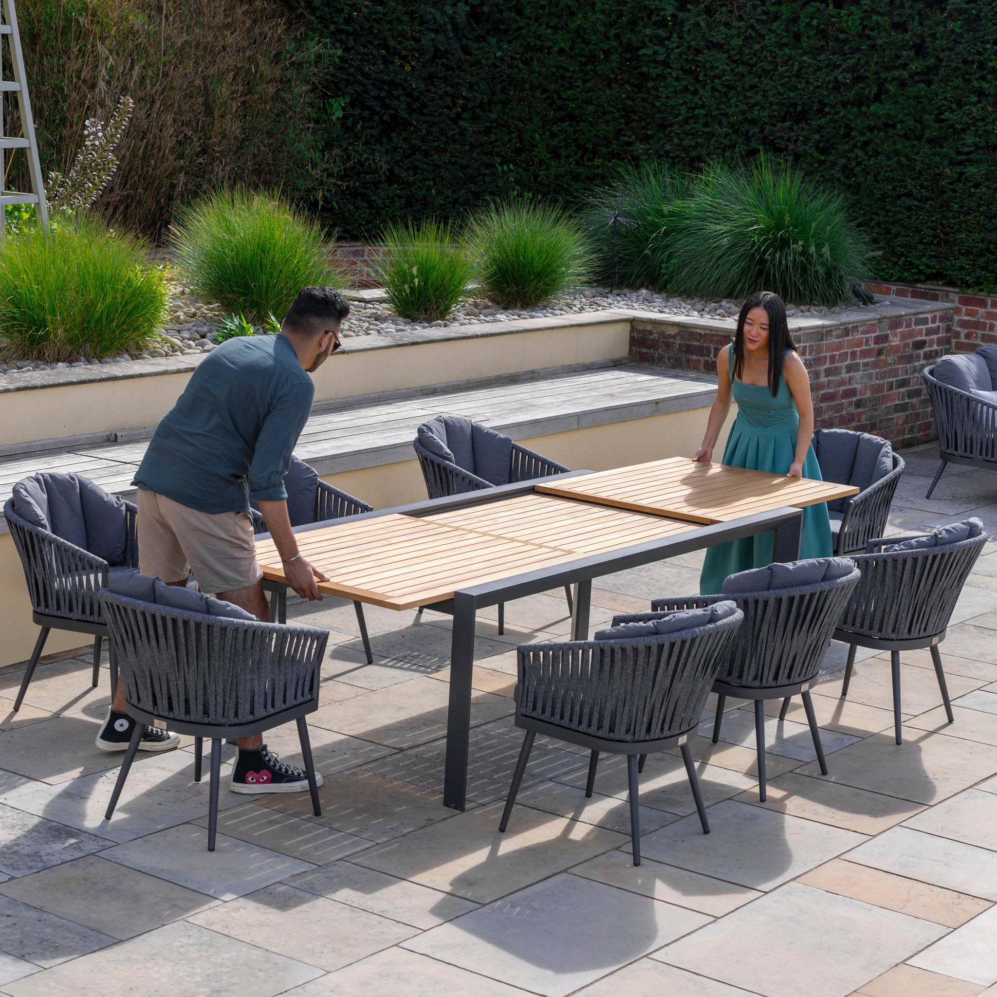 Monterrey 10 Seat Rope Extending Teak Dining Set in Grey