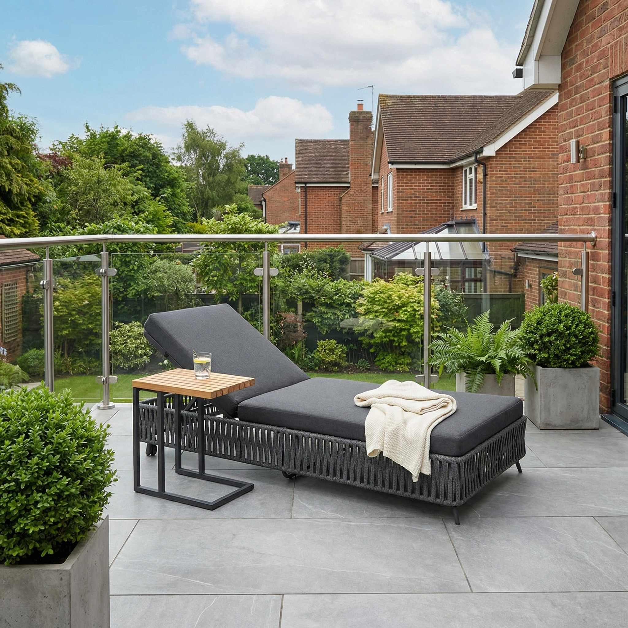 Modern patio with a Monterrey Rope Sun Lounger in Grey, weatherproof cushions, side table, and plants, overlooking a garden and brick houses.