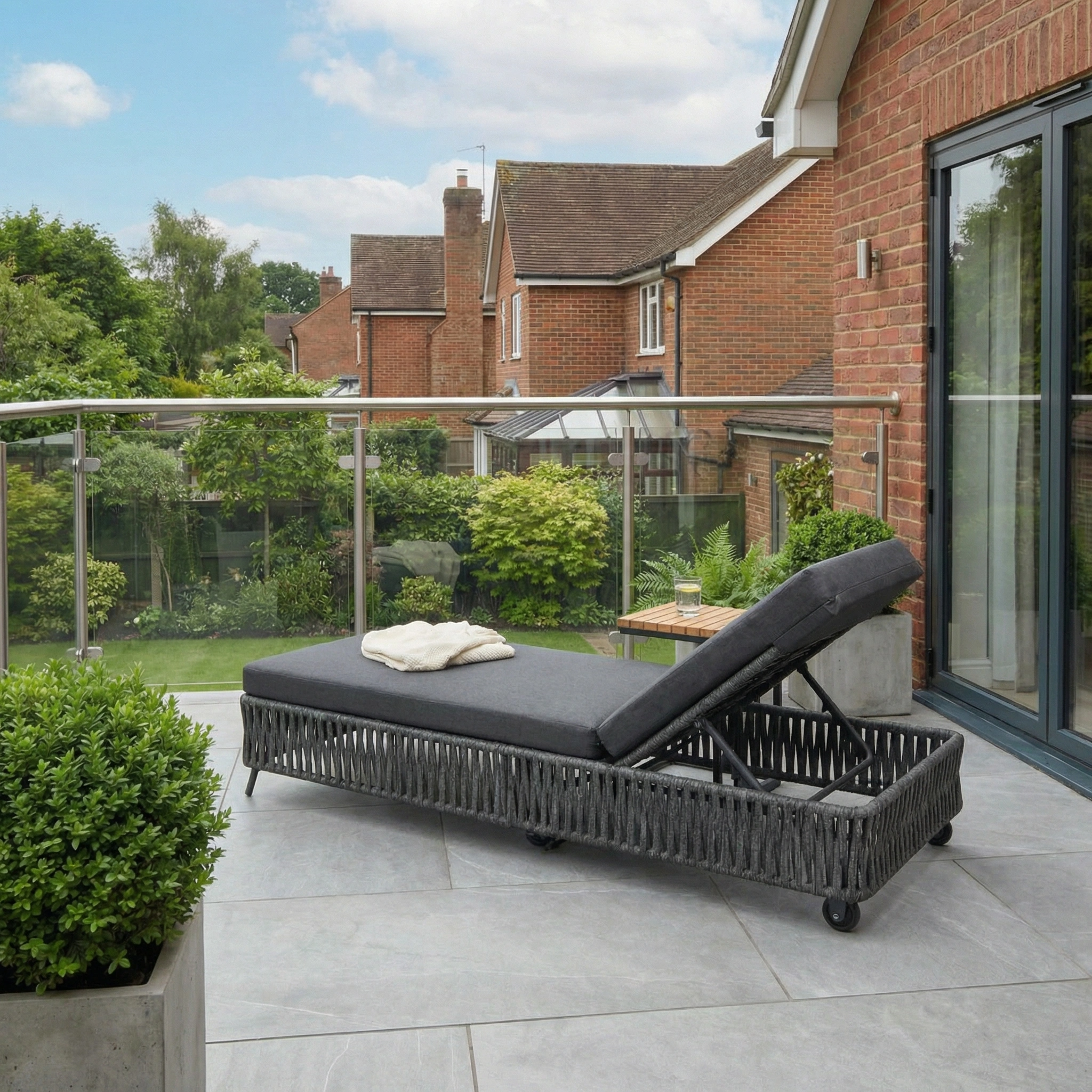 The Monterrey Rope Sun Lounger in Grey, featuring weatherproof cushions, sits on a tiled balcony overlooking a green garden and brick houses—perfect relaxing outdoor furniture.