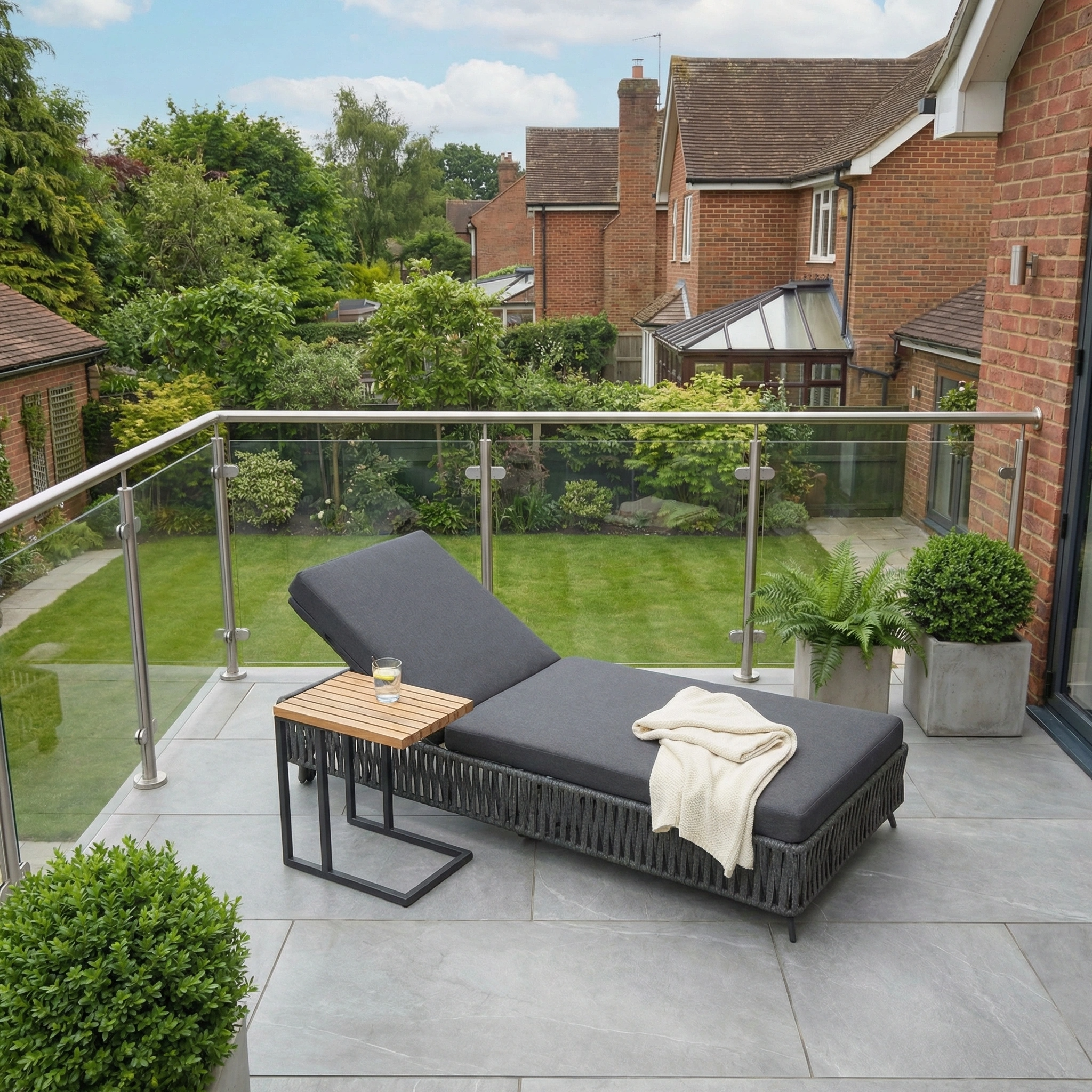 The Monterrey Rope Sun Lounger in Grey, with weatherproof cushions, sits next to a small table holding a drink and blanket, overlooking a garden and nearby houses.