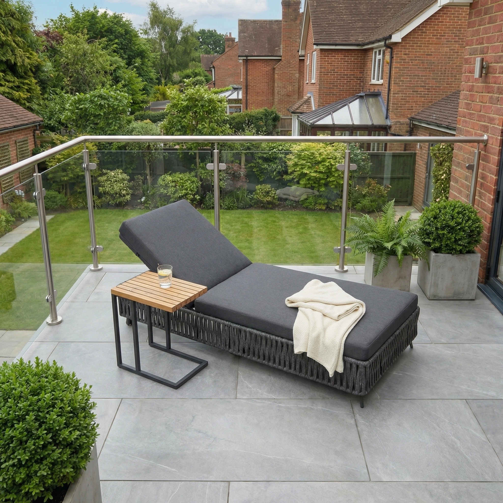 The Monterrey Rope Sun Lounger in Grey, featuring weatherproof cushions and a blanket, sits on a patio overlooking a garden with trees and brick houses.