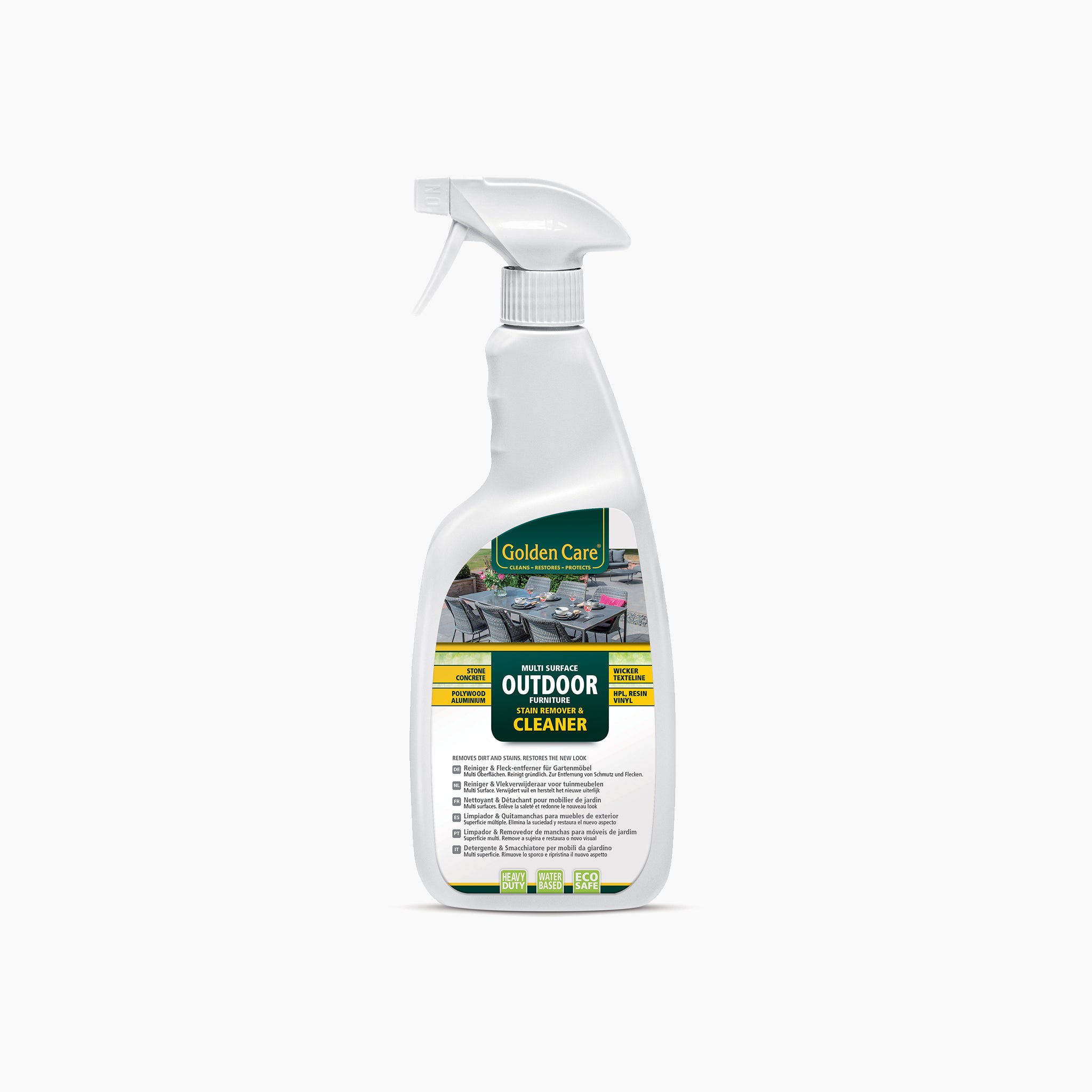 A spray bottle labeled "Golden Care Multi Surface Cleaner (0.75 Litre)" sits against a white background, highlighting its powerful effectiveness for outdoor furniture cleaning by removing dirt and grease from various surfaces.