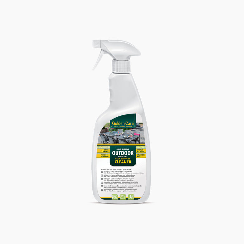 A spray bottle labeled "Golden Care Multi Surface Cleaner (0.75 Litre)" sits against a white background, highlighting its powerful effectiveness for outdoor furniture cleaning by removing dirt and grease from various surfaces.