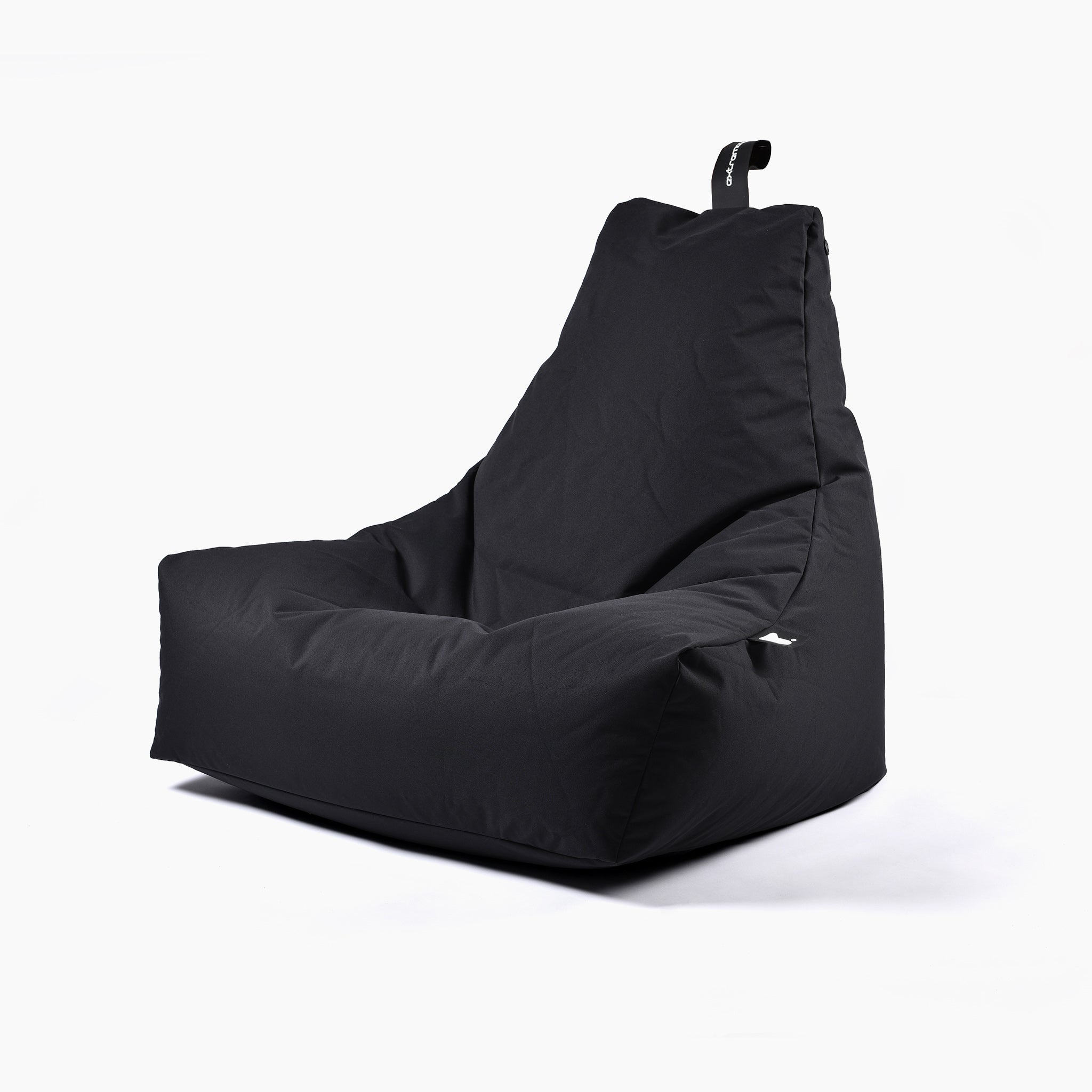 The Outdoor Mighty B-Bag in Black is a black bean bag chair designed for outdoor use, featuring a high backrest, waterproof fabric, and a carrying handle, all showcased on a white background.