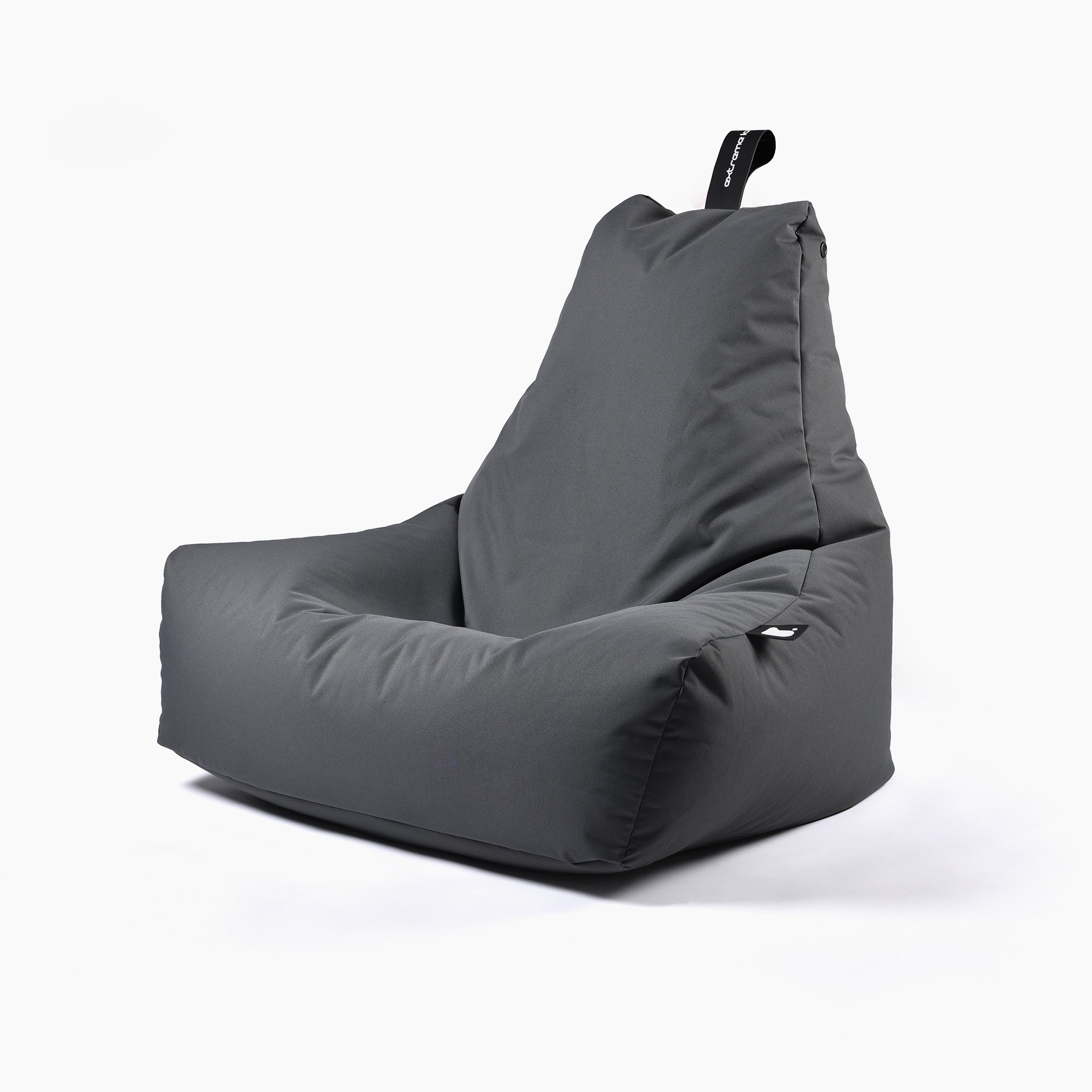 The Outdoor Mighty B-Bag in Grey, featuring a dark gray tone with cushioning, a high back, and a carrying handle on top, is made from fade-resistant fabric and is perfect for outdoor use. It is displayed against a white background.