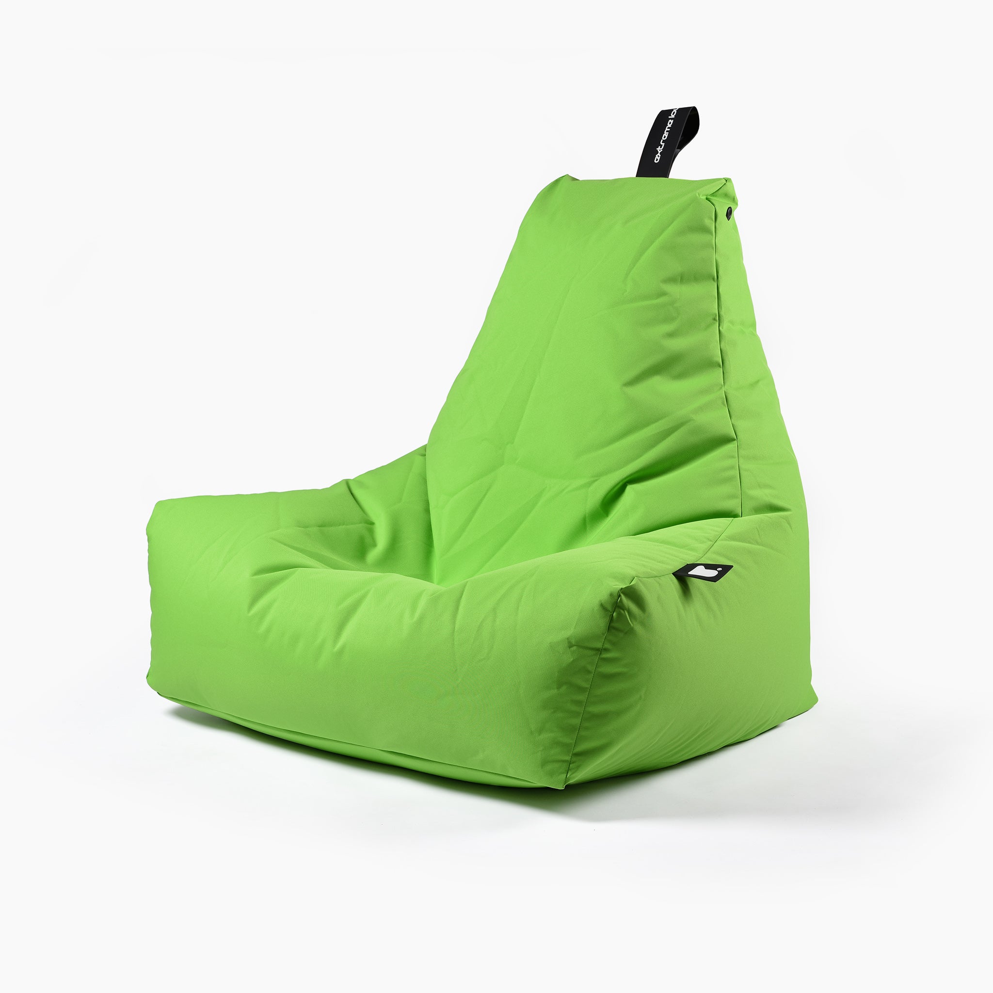 Introducing the Outdoor Mighty B-Bag in Lime, a high-back bean bag chair made from waterproof fabric with a black fabric handle at the top for easy carrying, perfect for both indoor and outdoor use.