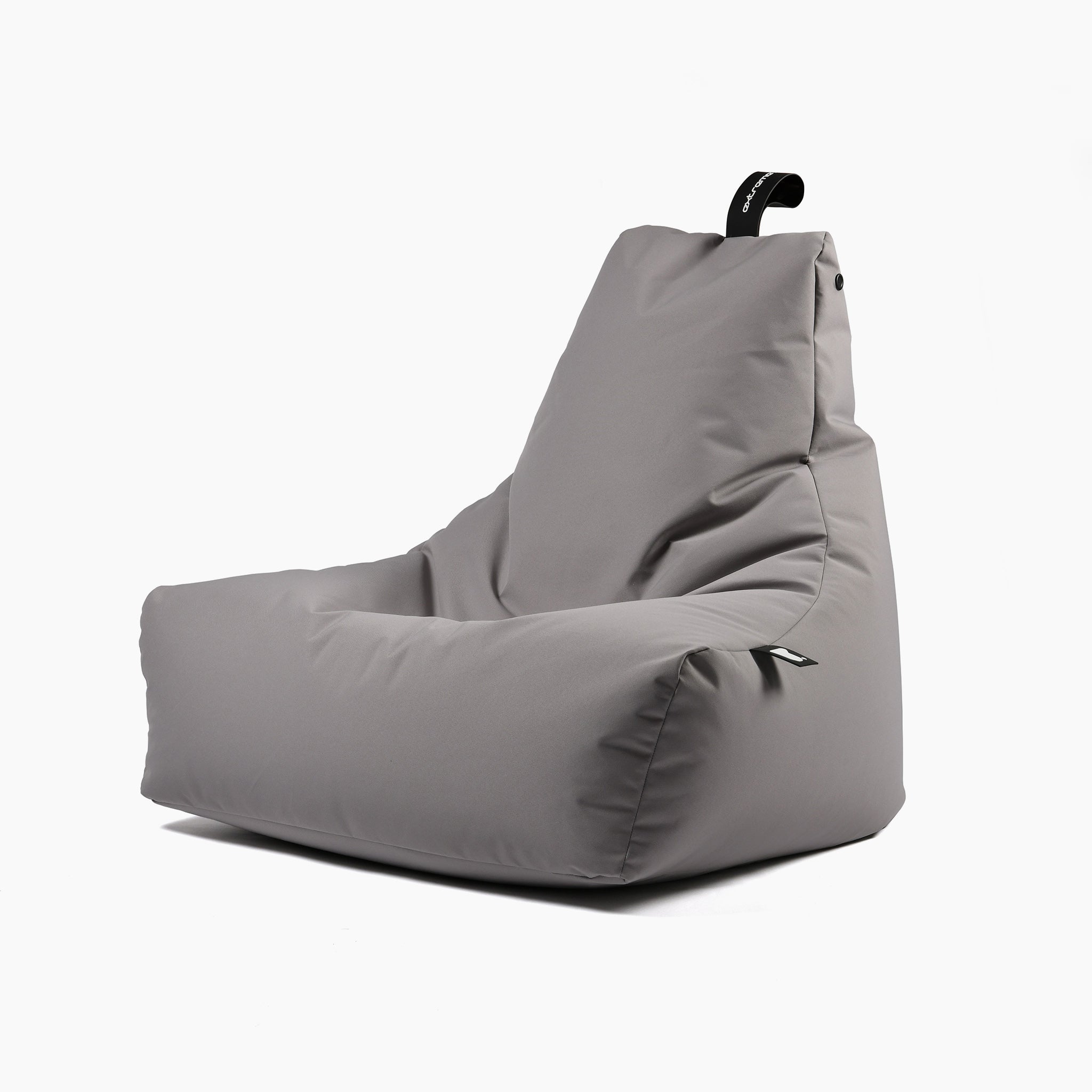 The Outdoor Mighty B-Bag in Silver Grey is a modern, high-back outdoor bean bag chair featuring a fabric loop at the top for easy carrying. Made from fade-resistant fabric and double-stitched for durability, this chair ensures long-lasting comfort and style.