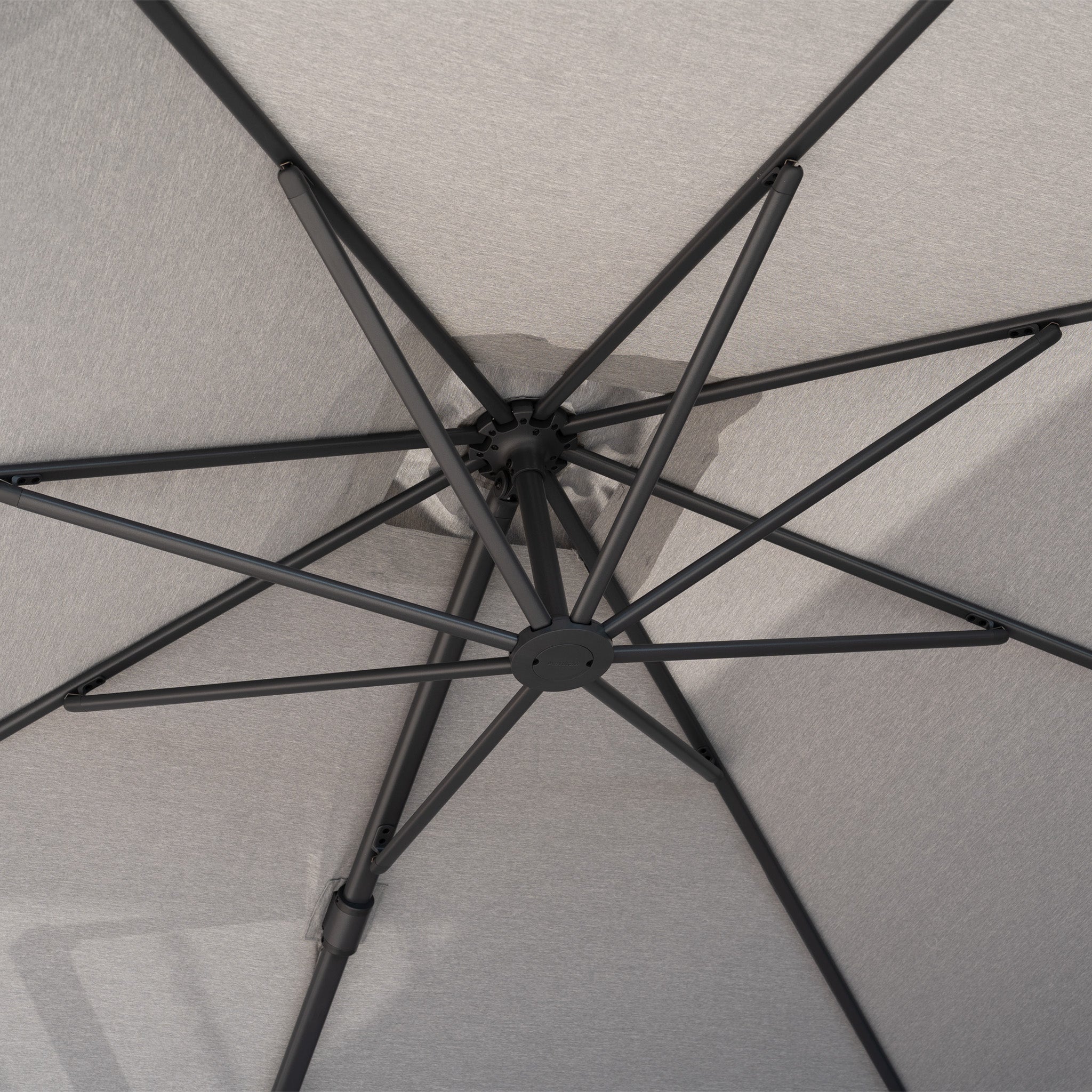 Close-up of the Nexus T2 Premium 3m Square Cantilever Parasol in Manhattan Grey with its sturdy metal frame and 90kg granite base, perfect for adding elegance and stability to outdoor spaces.
