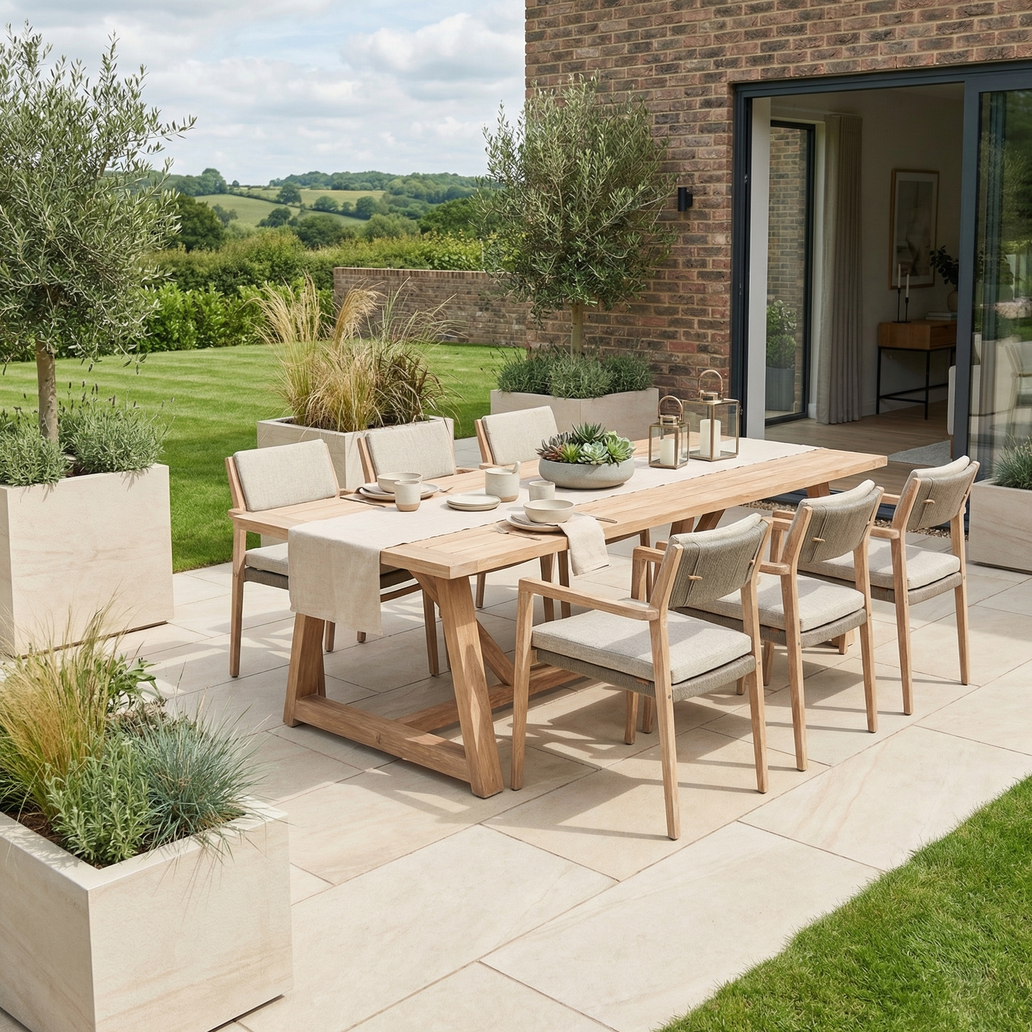 Modern outdoor patio featuring the Noah 6 Seat Rectangular Dining Set in Volga Grey, six chairs, and potted plants on a stone-tiled terrace.