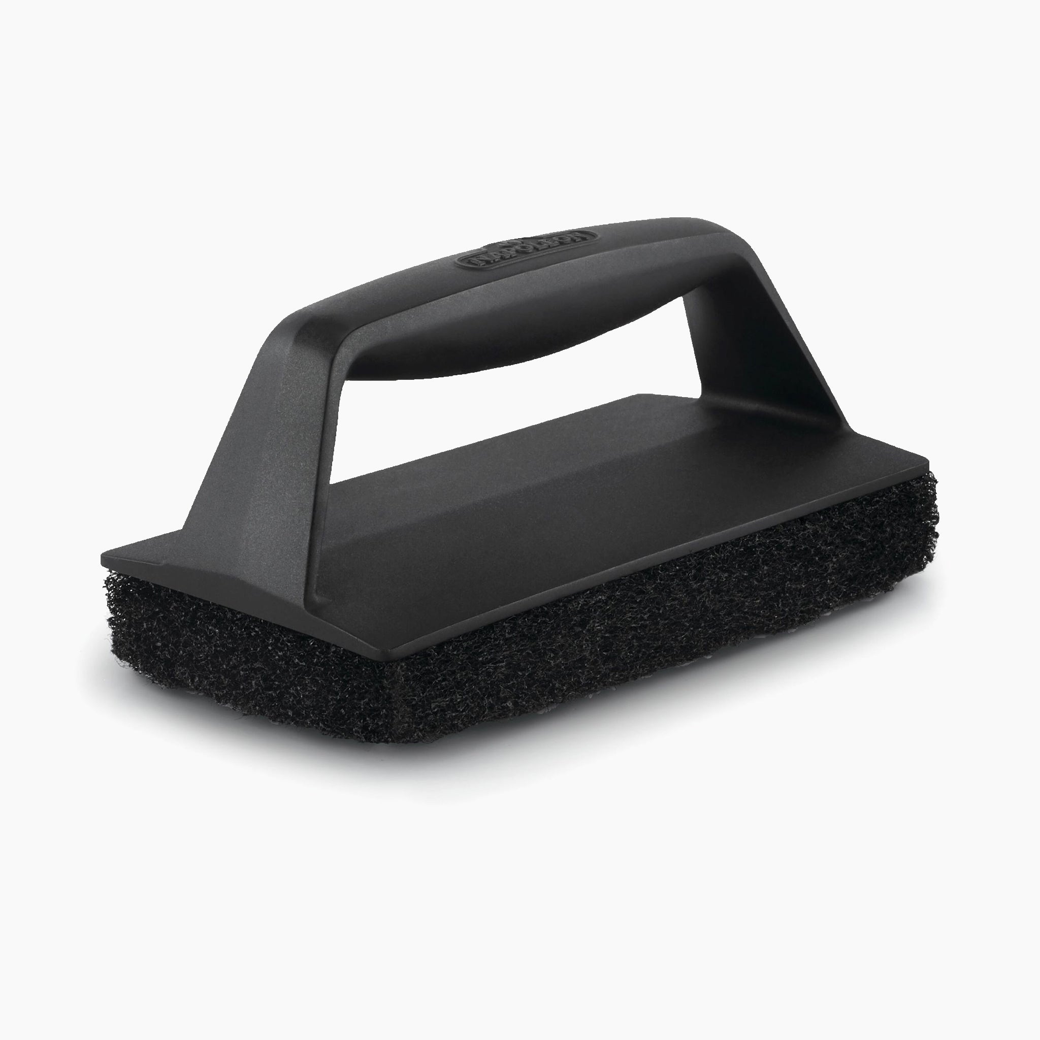 The Napoleon Abrasive BBQ Scrubber is a black scrubbing brush with a handle on the top and bristles on the bottom, ideal for cleaning your barbecue accessories.