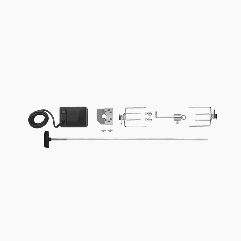The Napoleon Commercial Grade Rotisserie Kit, featuring a motor, metal rod, prongs, and various mounting accessories laid out on a white background, is perfect for Extra Large Grills.