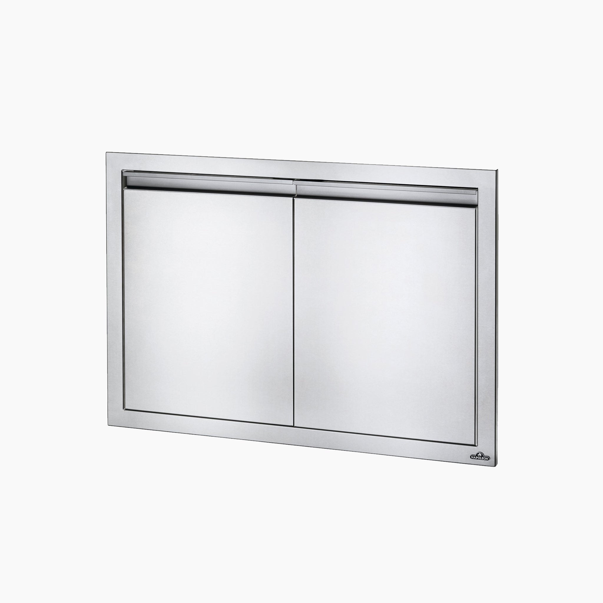 Introducing the Napoleon 36" x 24" Large Double Door, featuring a sleek, modern design with a horizontal handle set against a white background. Perfect for enhancing your custom grill island with durable stainless steel construction, these outdoor kitchen access doors provide both stylish flair and practical storage solutions.