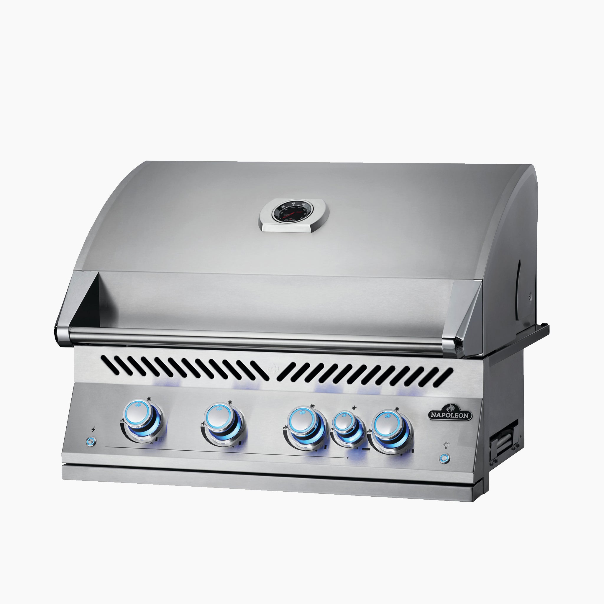 The Napoleon 700 Series 32" Built-in Gas Grill features five blue-lit control knobs, a lid-mounted thermometer, and a rear infrared burner for versatile cooking options.